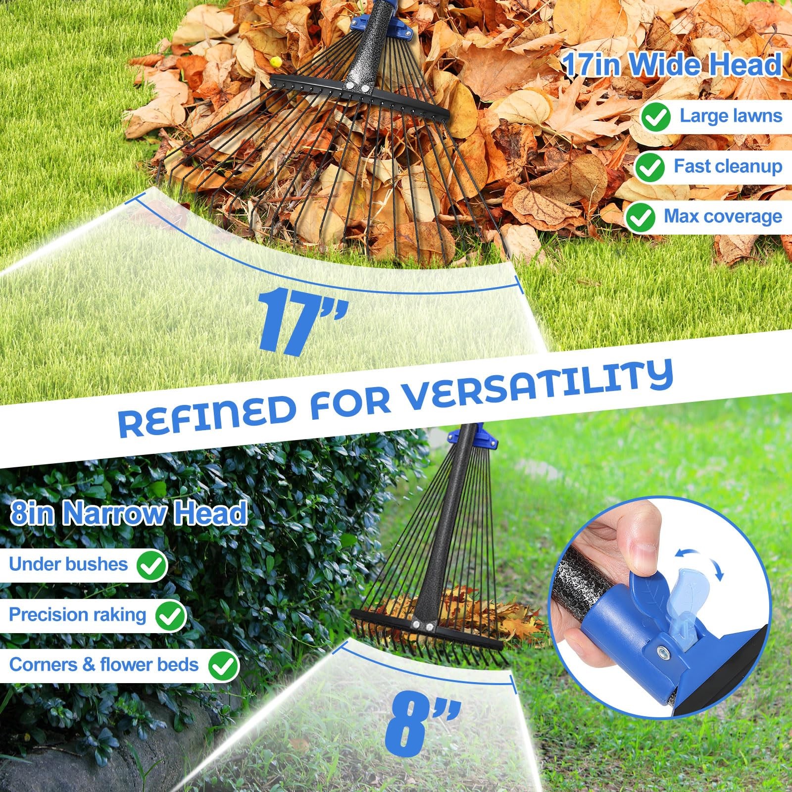 Adjustable Garden Rake for Leaves-Heavy Duty Metal Rake with 8-17" Expandable...