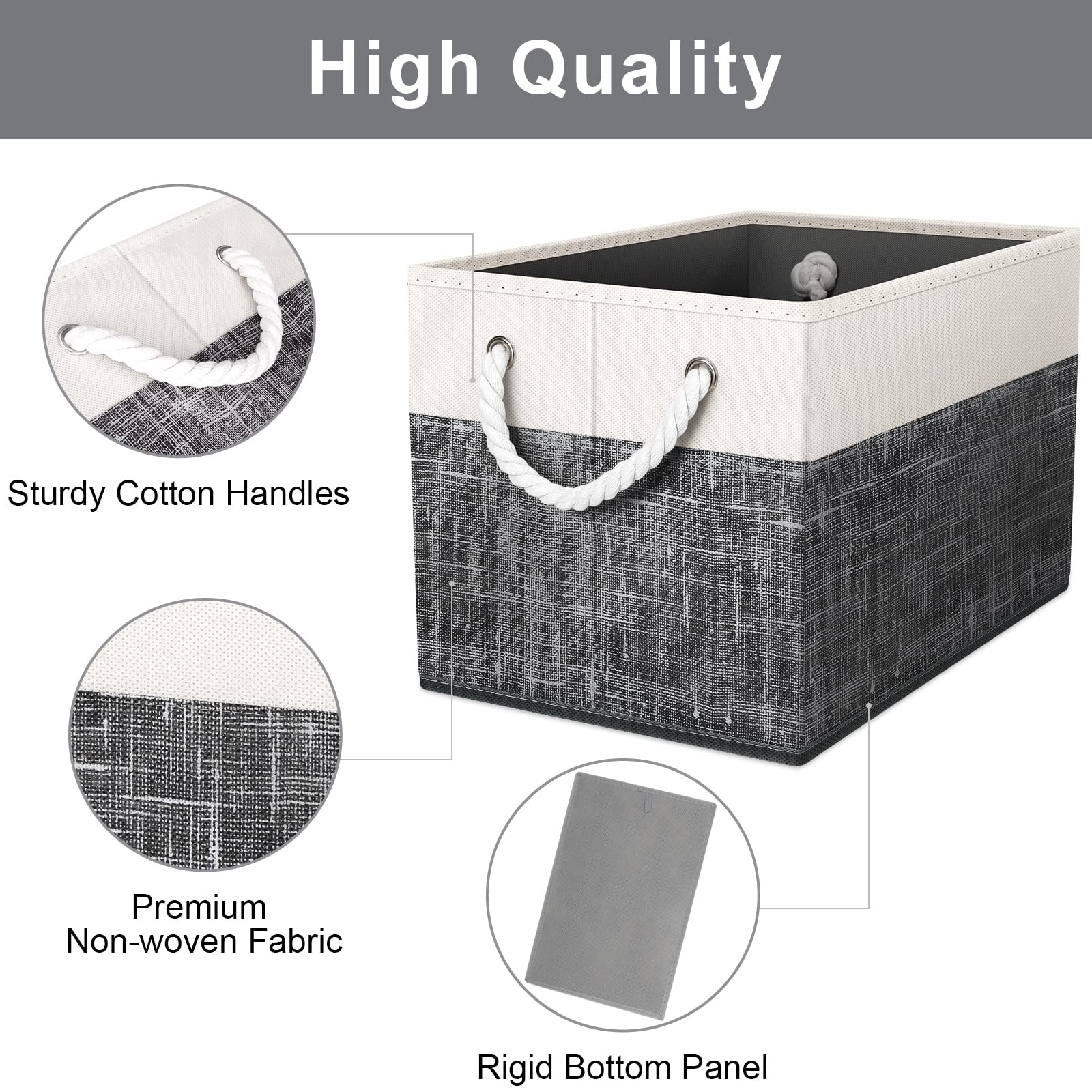 Large Foldable Storage Baskets Rope Handles Closet Boxes White Black 2 Pack