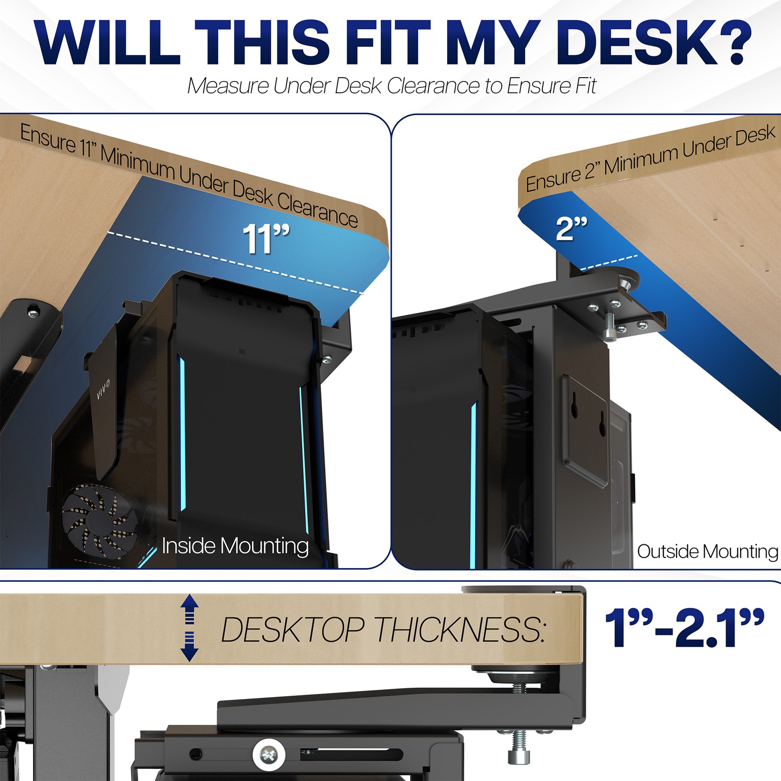 VIVO Black Clamp-on PC Mount, Computer Case Holder with 135 Swivel