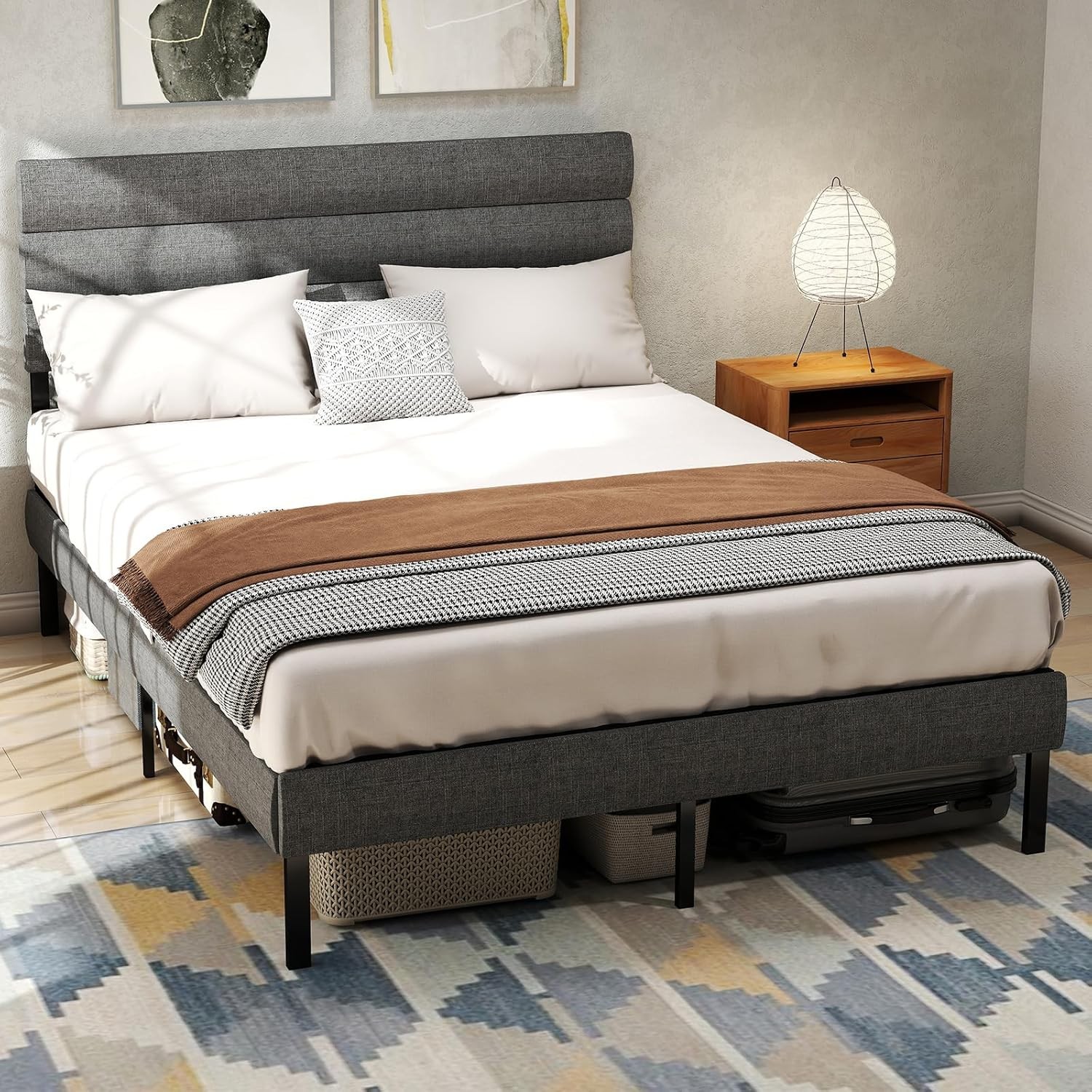 Queen Size Upholstered Bed Frame with Headboard Metal Platform Bed Frame Queen