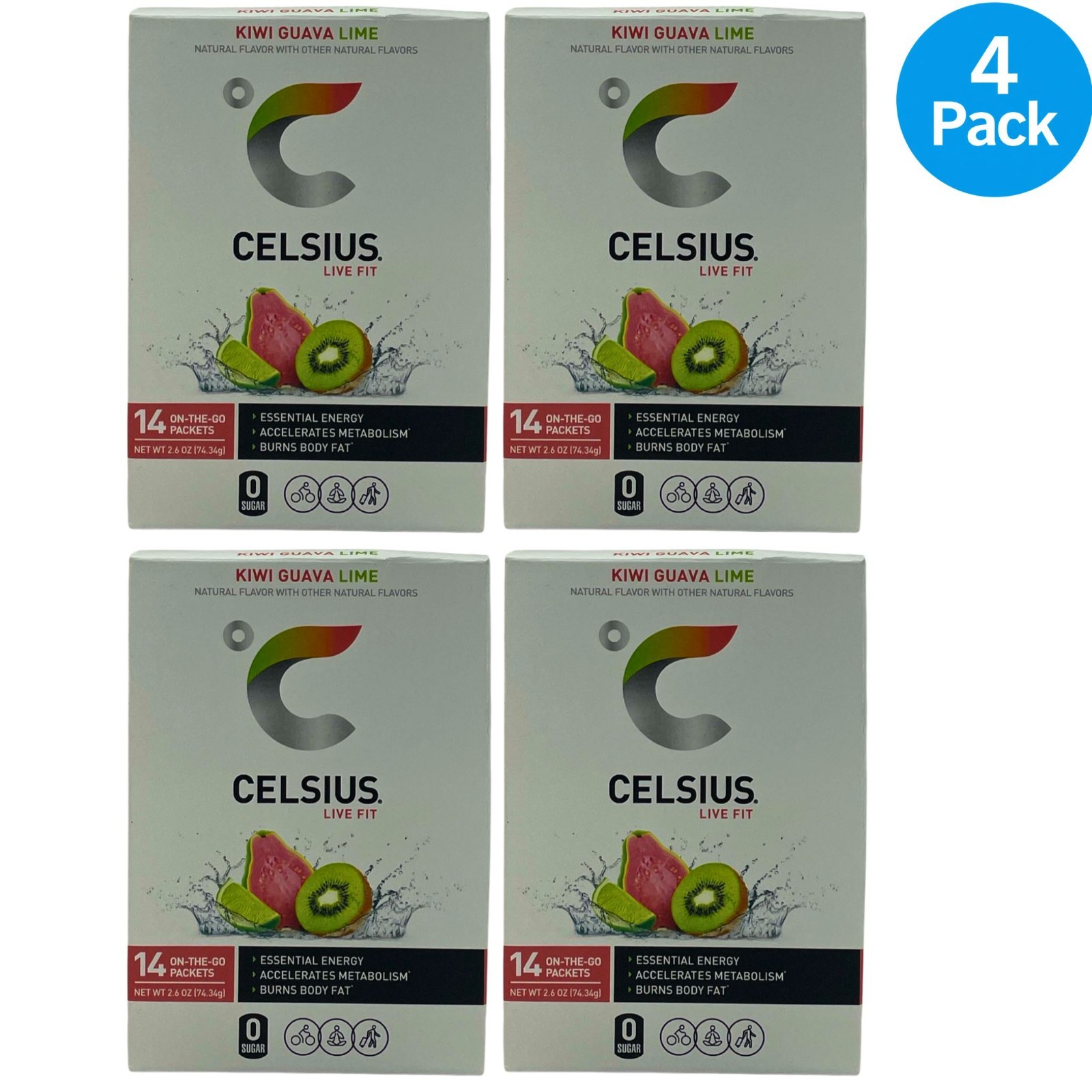 CELSIUS On-the-Go Energy Powder Packets Kiwi Guava Lime 14 CT - 4 Pack Bundle