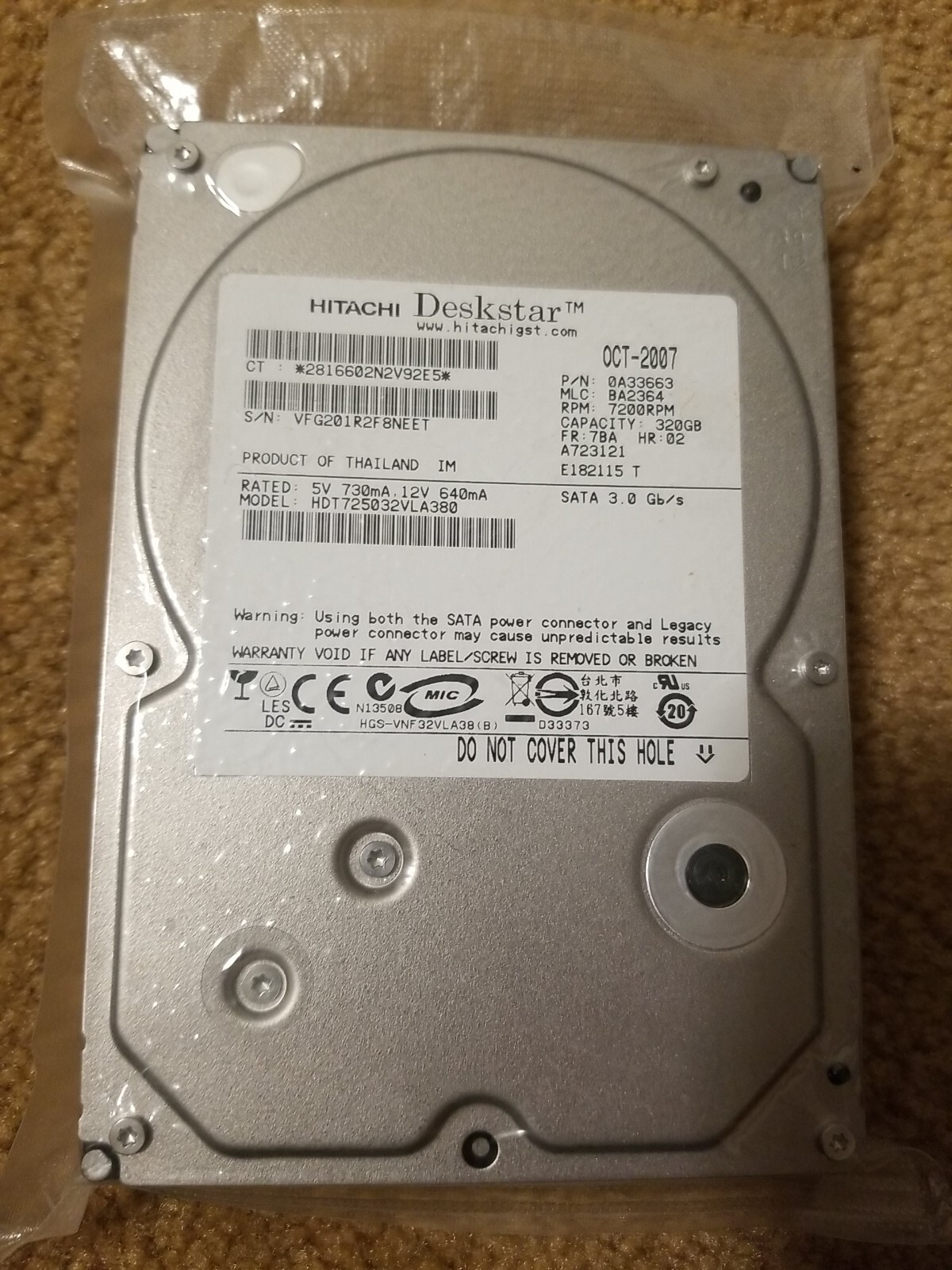 Hitachi Deskstar 320GB 7200RPM SATA 3Gb/s 3.5" HDD 0A33663 FULL OF DOCUMENTARIES