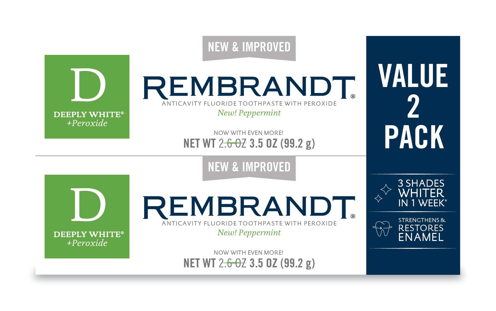 Rembrandt Deeply White + Peroxide 3.5 Ounce (Pack of 2), Peppermint Flavor