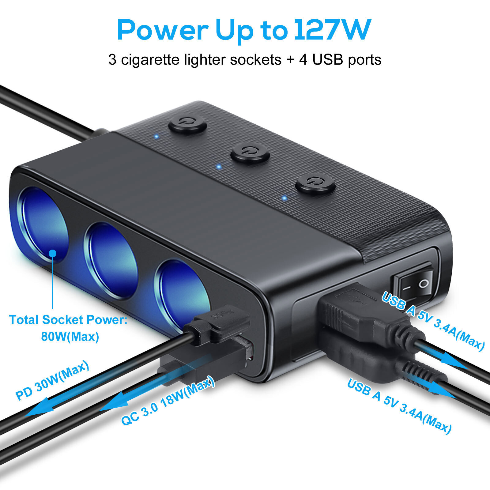 3 Way Car Cigarette Lighter Socket Splitter USB Fast Charger Power Adapter 12V