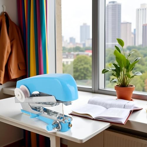 1Pc Blue Handheld Sewing Machine, Portable Mini Manual Handy Needlework Tool