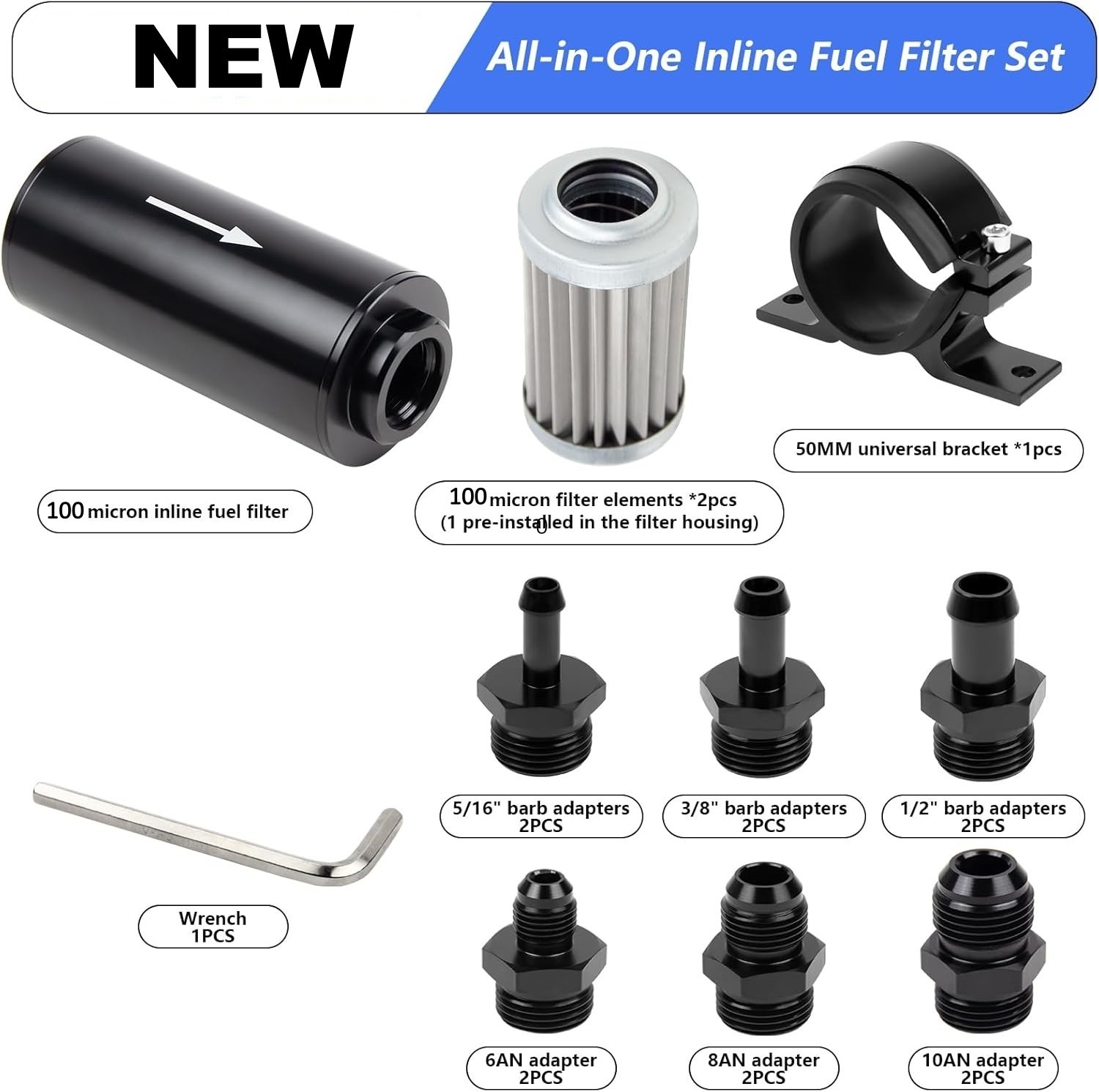 Universal Inline Fuel Filter 100 Micron with Barb1/2" 3/8" 5/16" Fitting Adapter