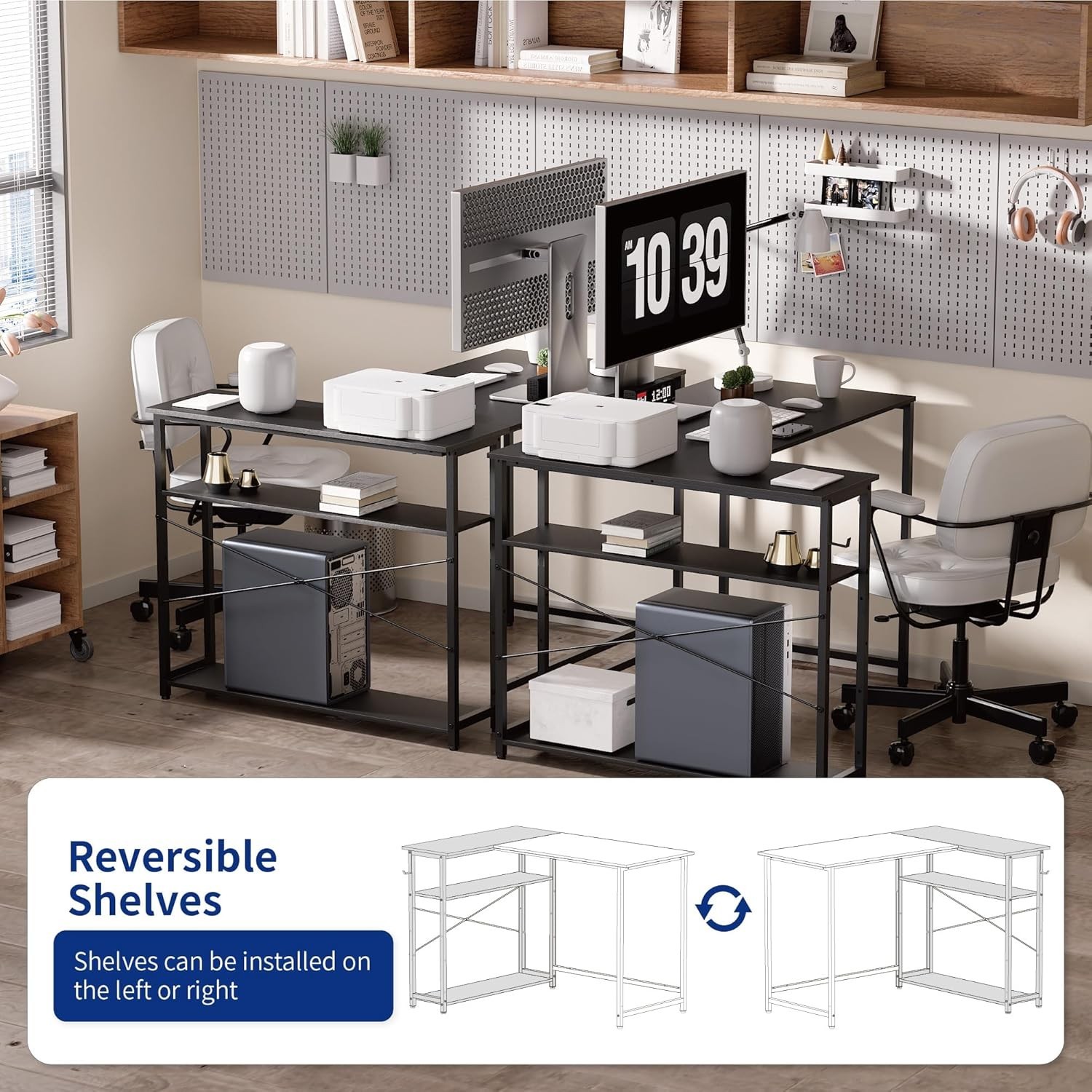 43 Inch L Shaped Computer Desk W/ Reversible Side Storage Shelves Small Corner