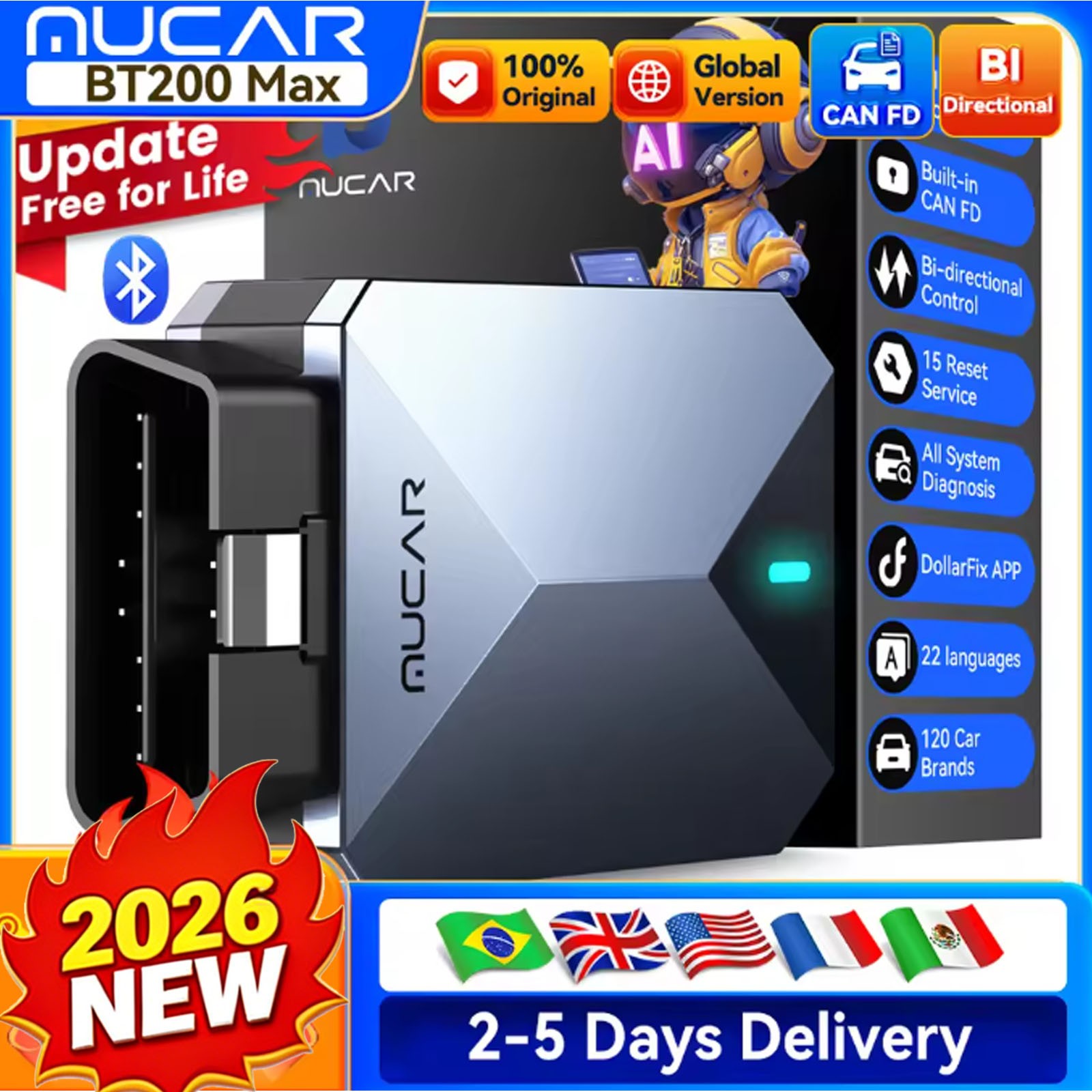 MUCAR BT200 MAX CAN FD OBD2 Scanner 15 Reset AI Car Diagnostic Tools Free Update