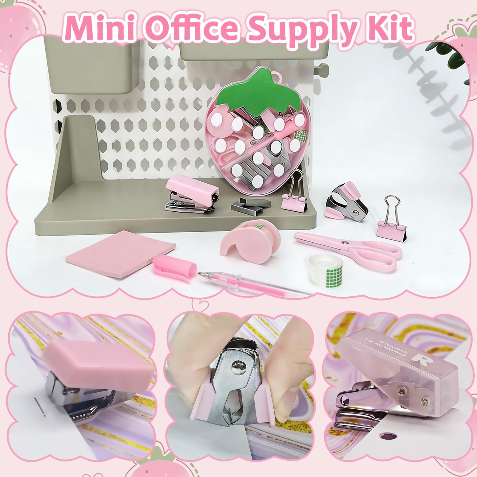 Strawberry Mini Office Supply Kit Mini School Supplies Include Mini Stapler, ...