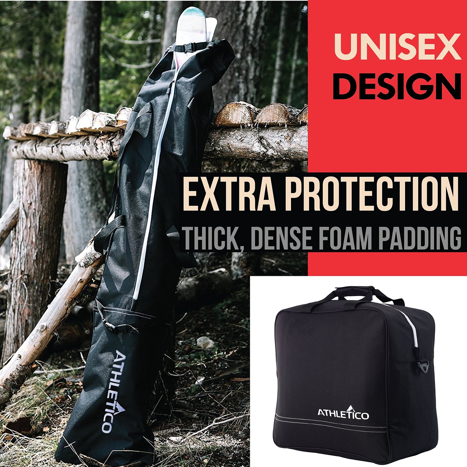 Athletico Padded Ski Bag Combo - & Separate Large, Black (Padded)