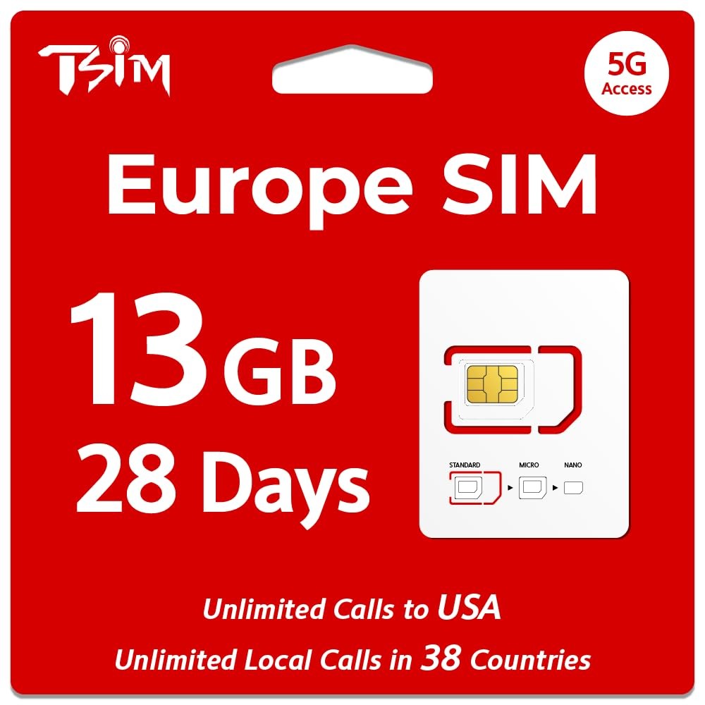TSIM Europe SIM Card with USA Coverage | 13GB Data + Unlimited Local Calls...