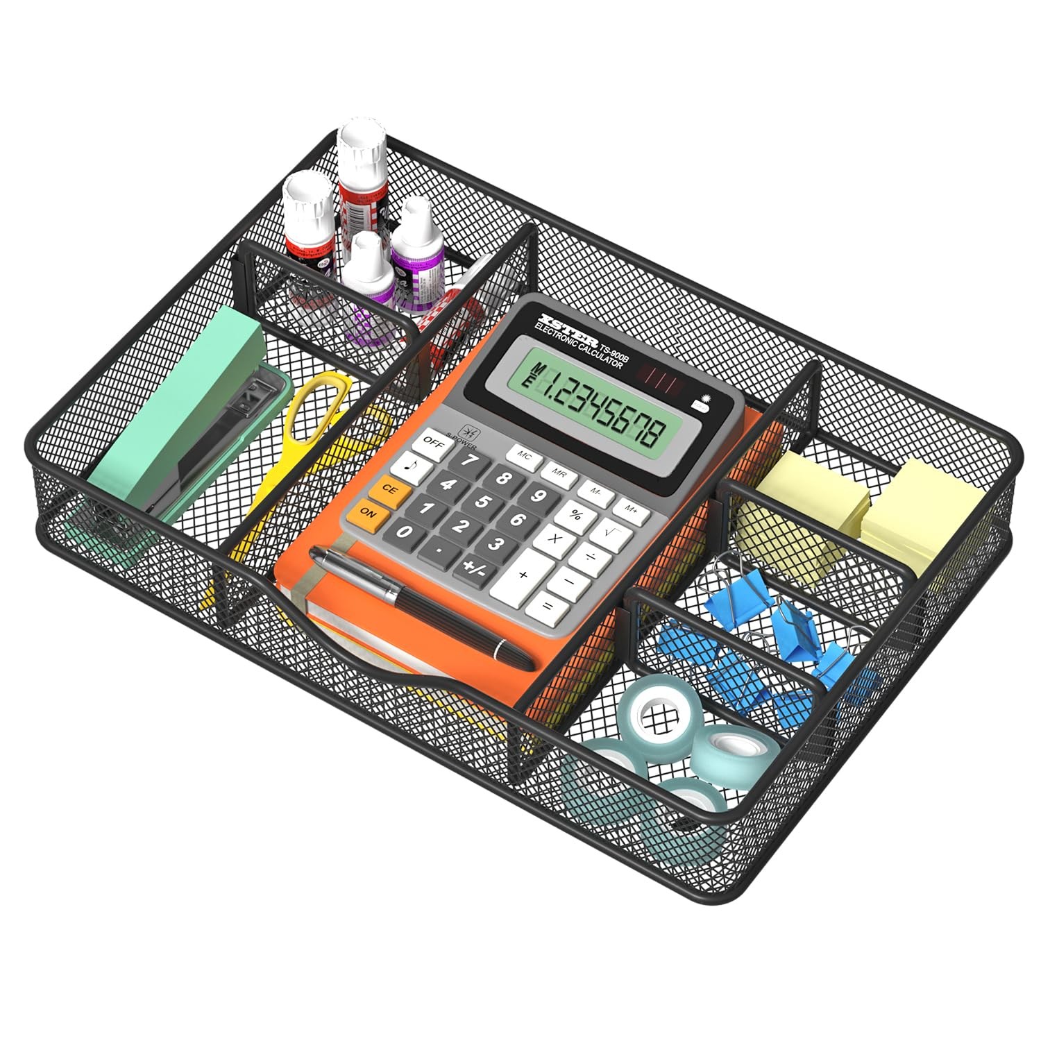Metal Mesh Desk Drawer Organizer Tray, 6 Compartments, Black