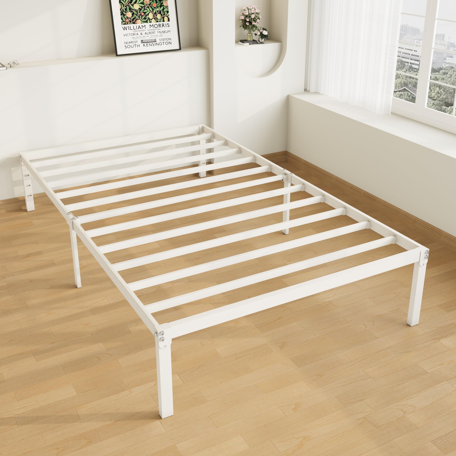 Twin Bed Frame 14~Inch Metal Platform with Storage, No Box Spring, White