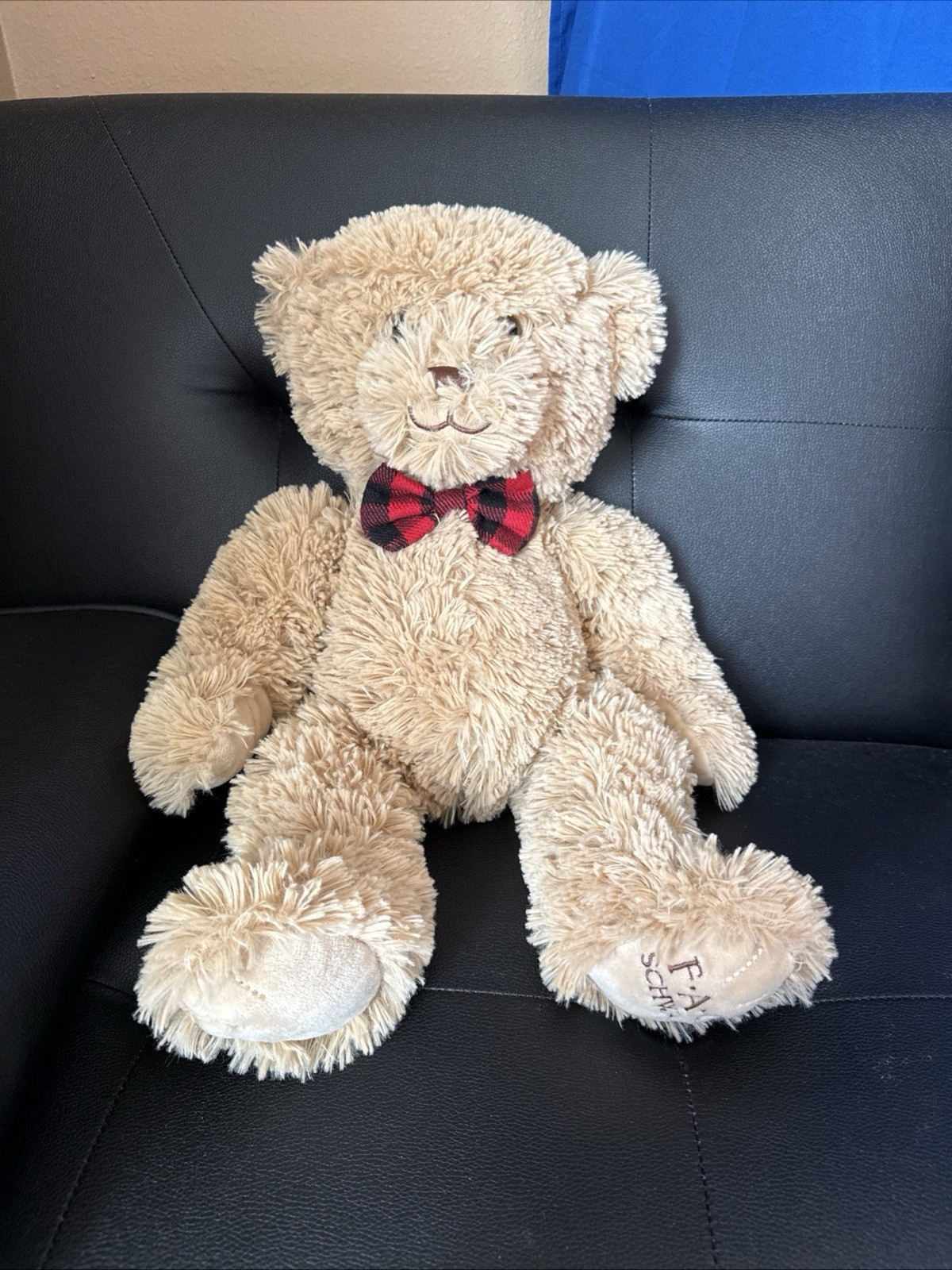 FAO Schwarz Bear Plush 18” Tan w/Red & Black Bowtie