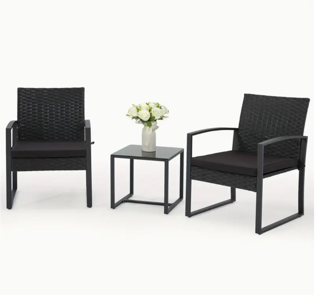 3 Piece Bistro Set Outdoor Patio Table & Chairs Rattan Wicker Furniture Black