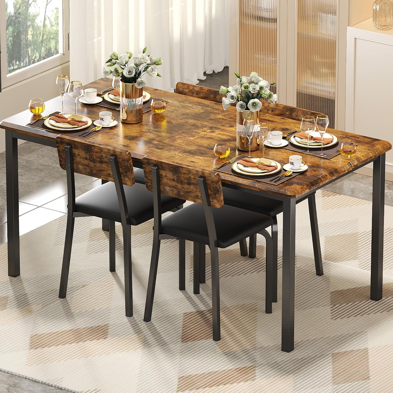 5-Piece 63" Extendable Dining Table W/ 4 Upholstered Chairs Kitchen Table Set