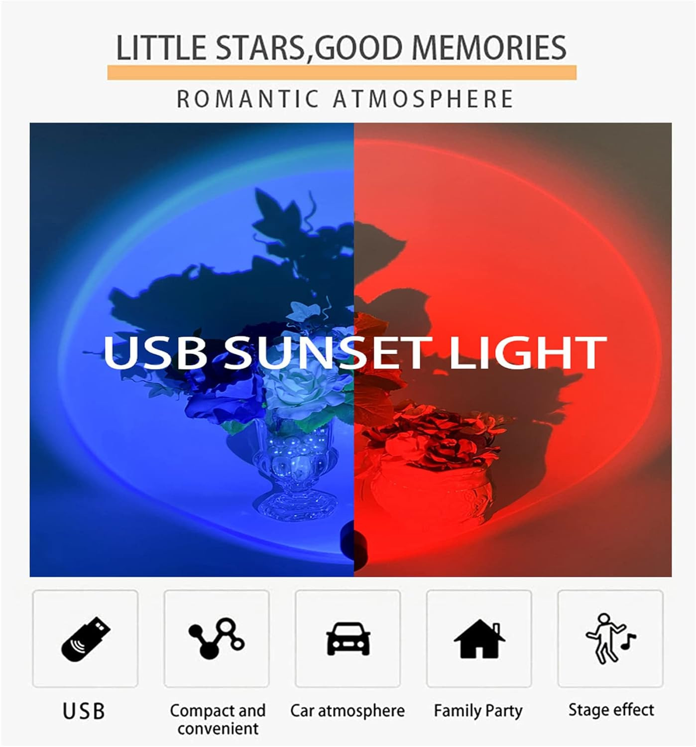 USB Sunset Projection Light, 7 Colors-8 Lighting Modes Voice Control Sunset Lamp