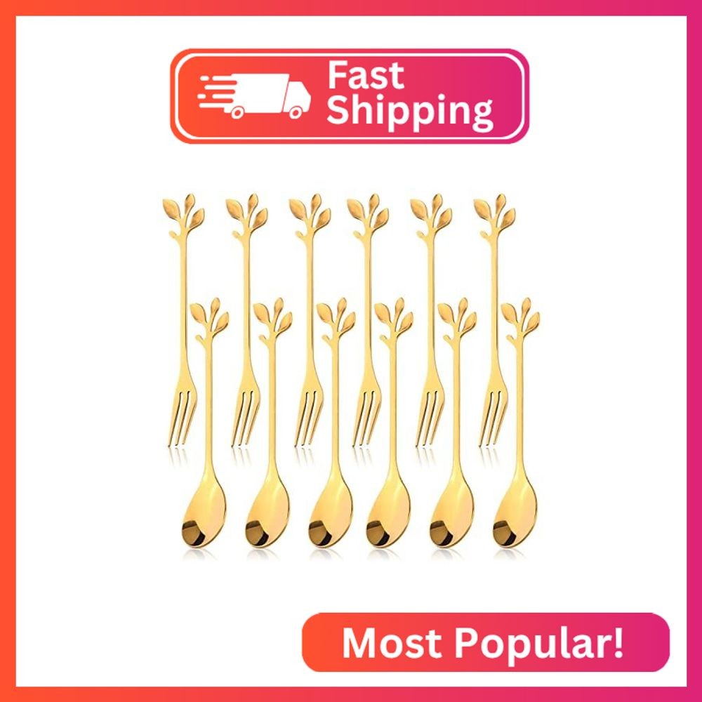 12pcs Stainless Steel Gold Leaf Coffee Spoon and Cake Fruit Forks Kitchen Access