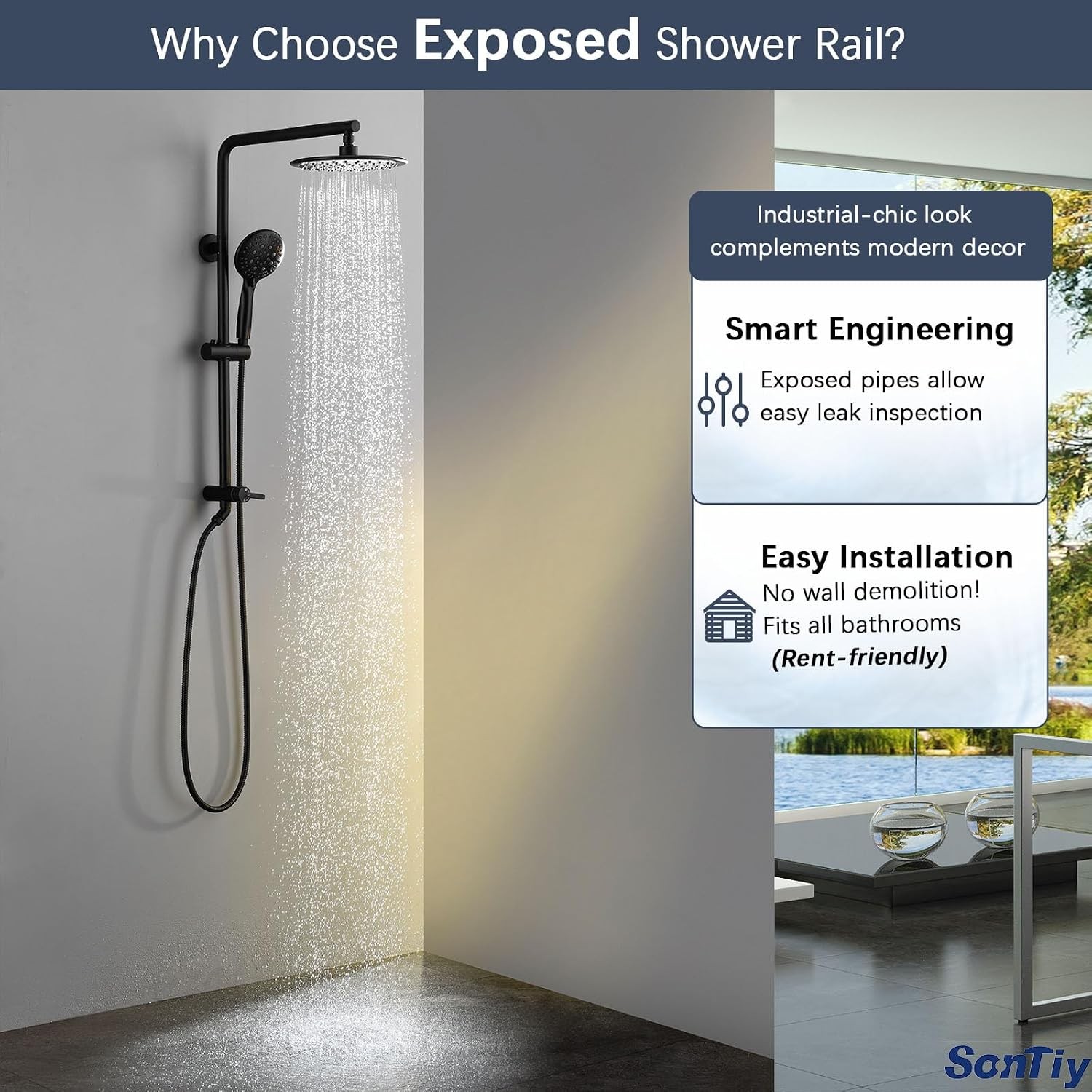 5-Function Retrofit Shower System Matte Black 9 Inch Rain Shower Head with