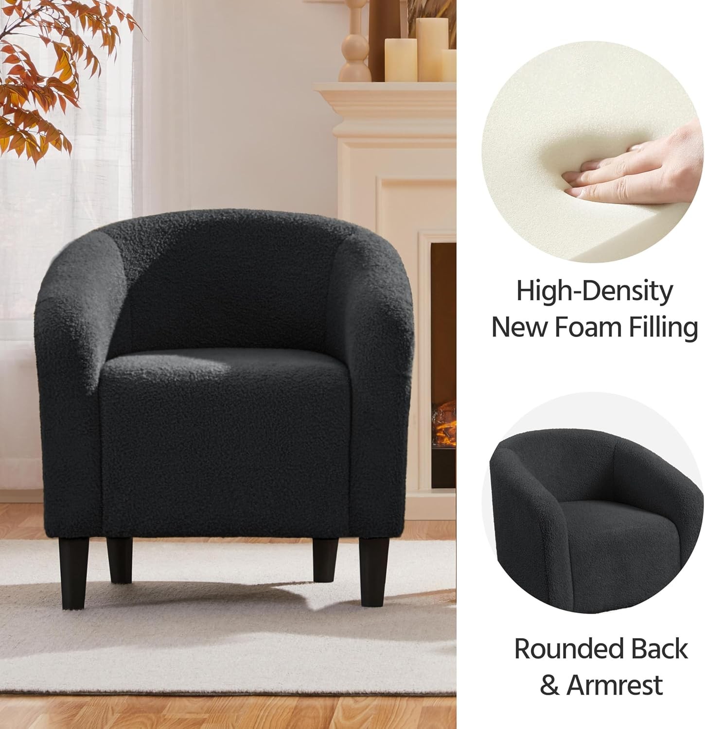 Accent Barrel Chair Boucle Fabric Club Chair Furry Sherpa Elegant Armchair W/