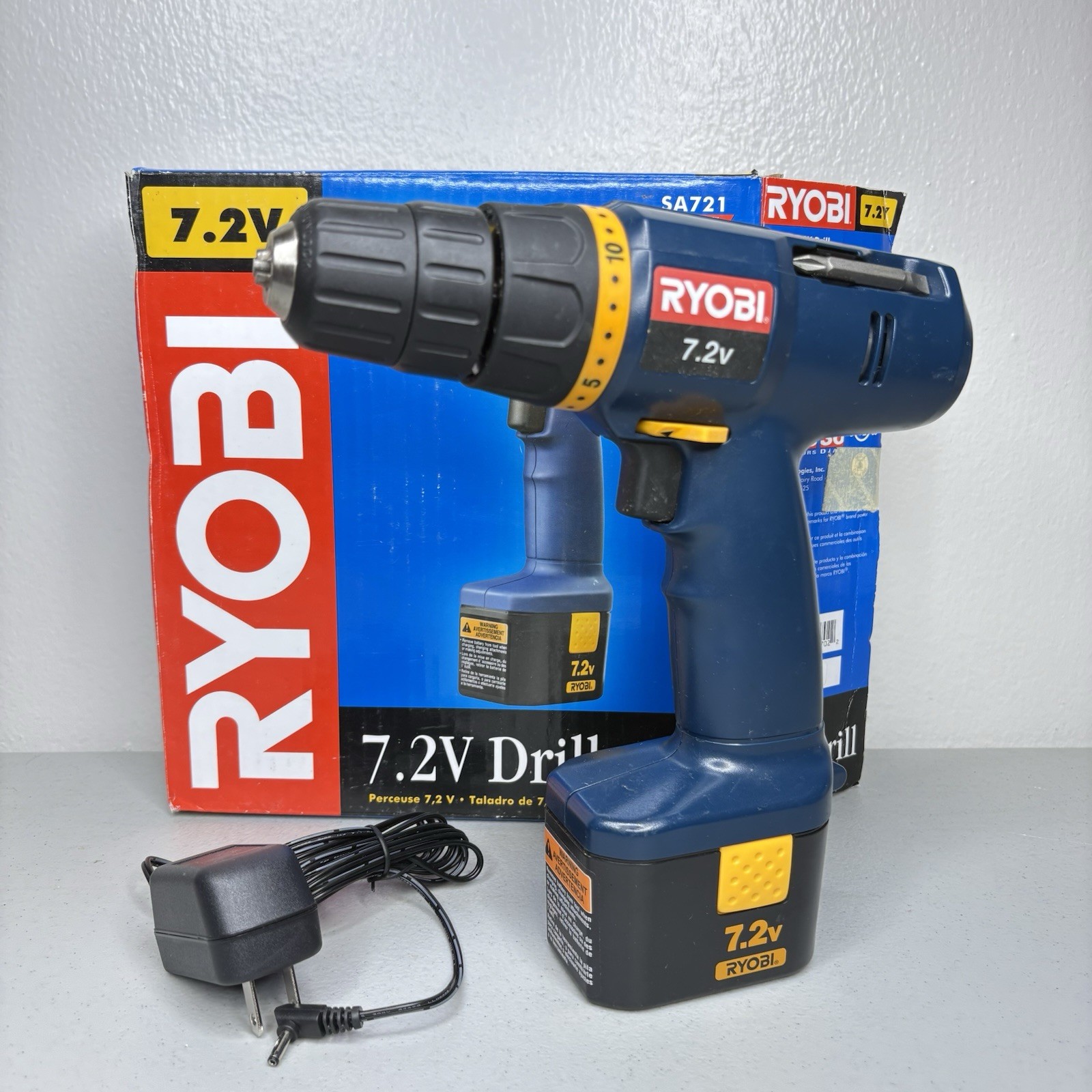 Ryobi SA721 7.2V 3/8" Cordless Drill Charger Battery Bits Box Tested Working