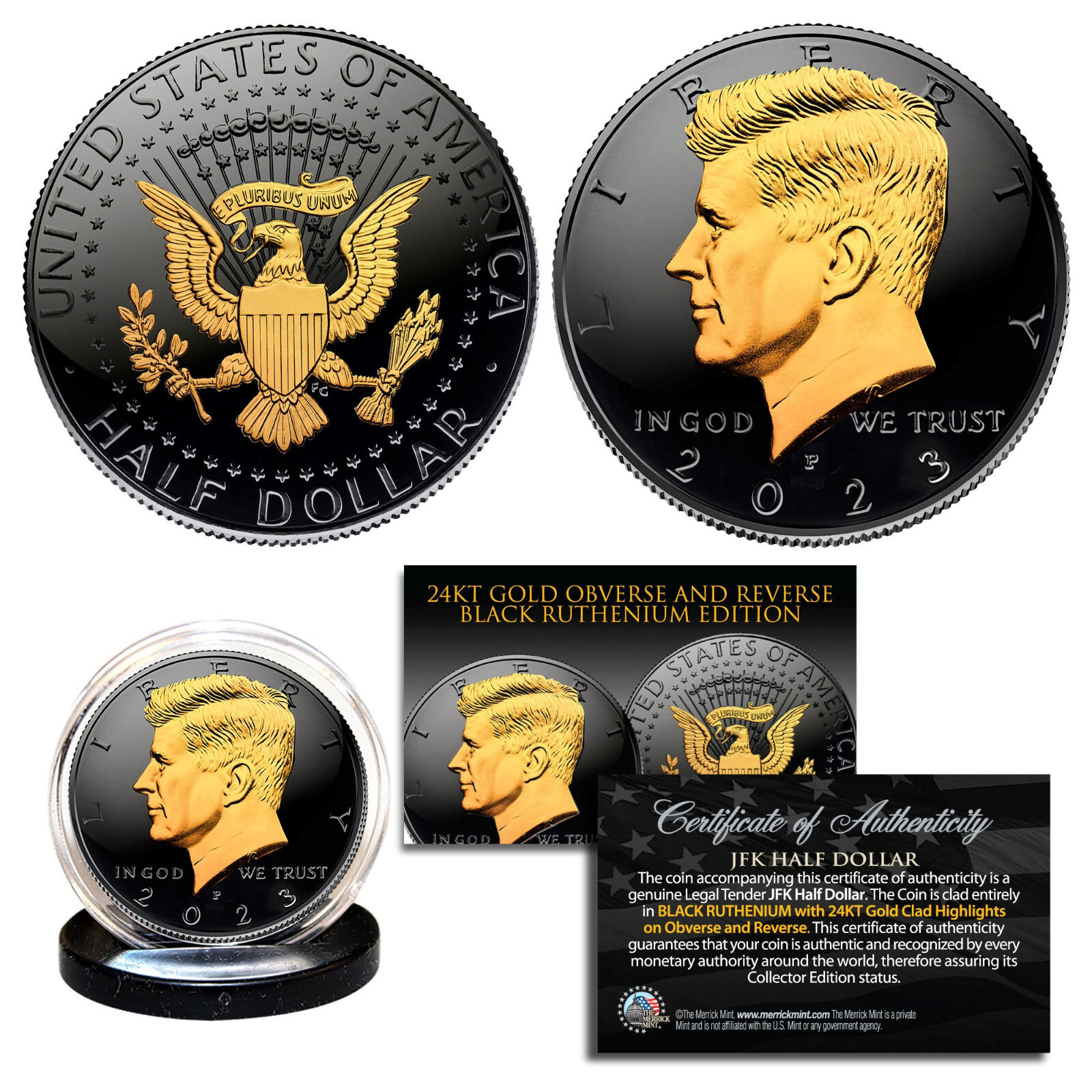 Black RUTHENIUM 2025 JFK Half Dollar U.S Coin 2-SIDED 24K Gold PHILADELPHIA MINT