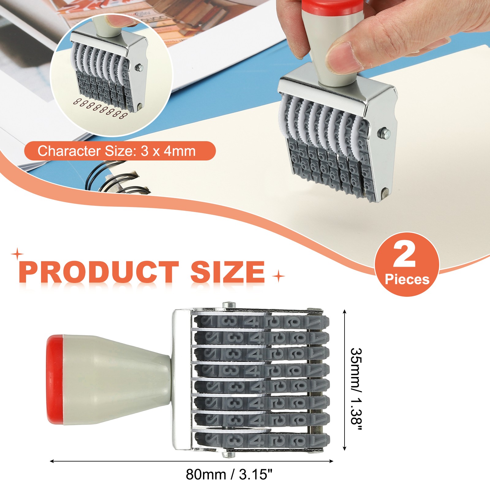 8 Digit Number Roller Stamp, 2Pcs Adjustable Rubber Stamp Symbol Office Date