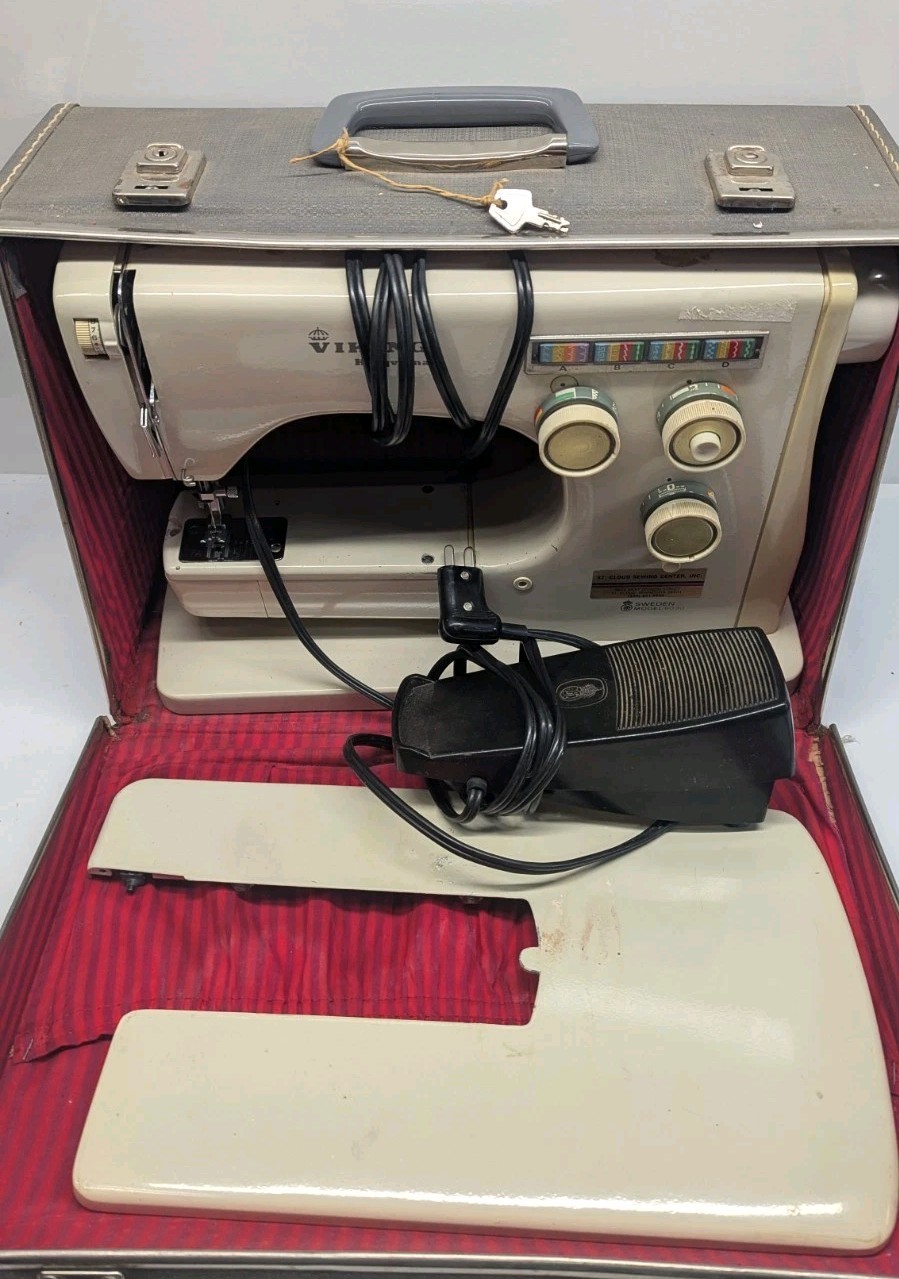 Vintage Husqvarna Viking Sewing Machine Model 6020 W/ Case Pedal Sweden AS IS