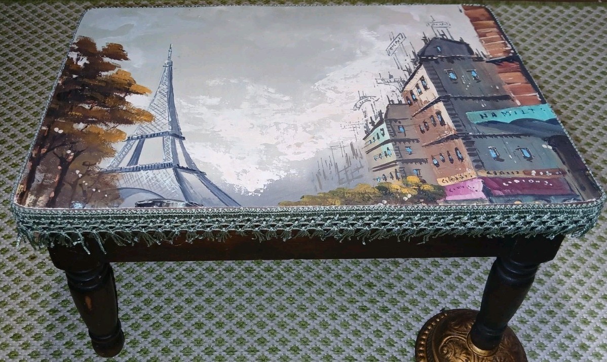 Antique Mahogany Stool w/ Repurposed Paris Oil Painting - ONE OF  A KIND 16"  IN