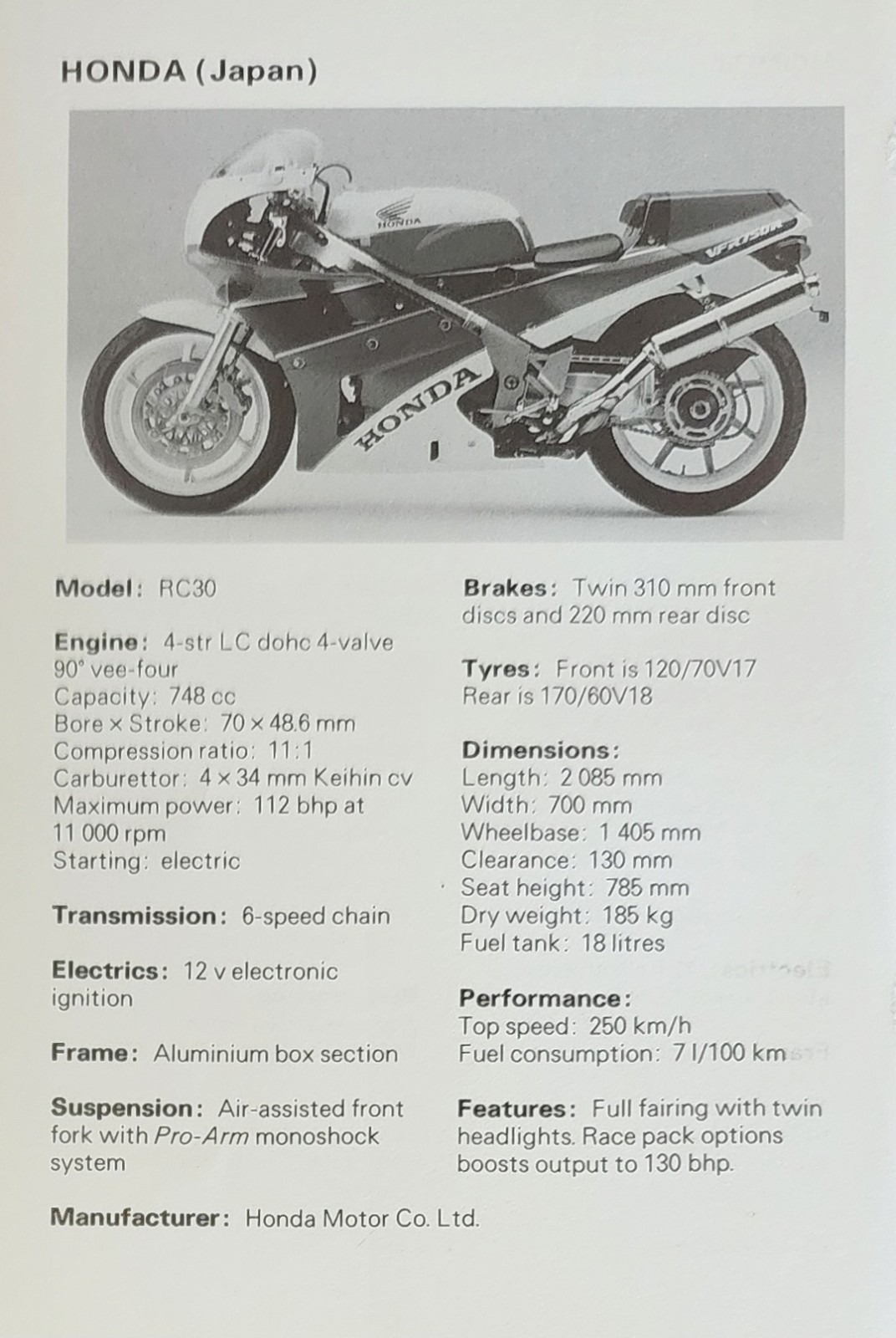 Honda Motorcycle Picture Original Vtg Info Detail Bike Sheet