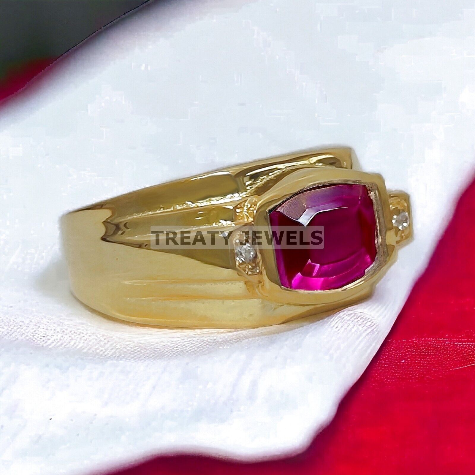 Ruby Cushion Cut With 14K Solid   Gold  Ring For Men's #973