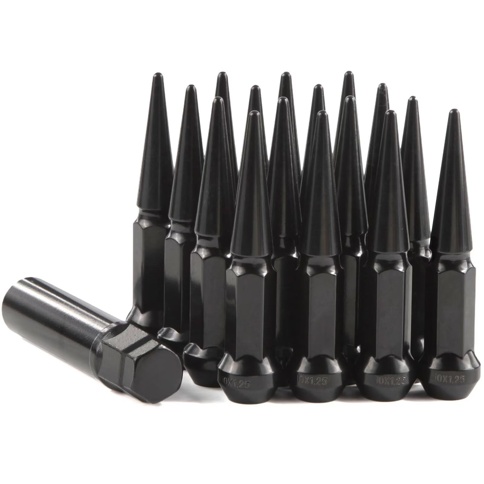 M10x1.25 Black Closed End Bulge Acorn Cone Seat Spike Lug Nuts W/ Key 16PC