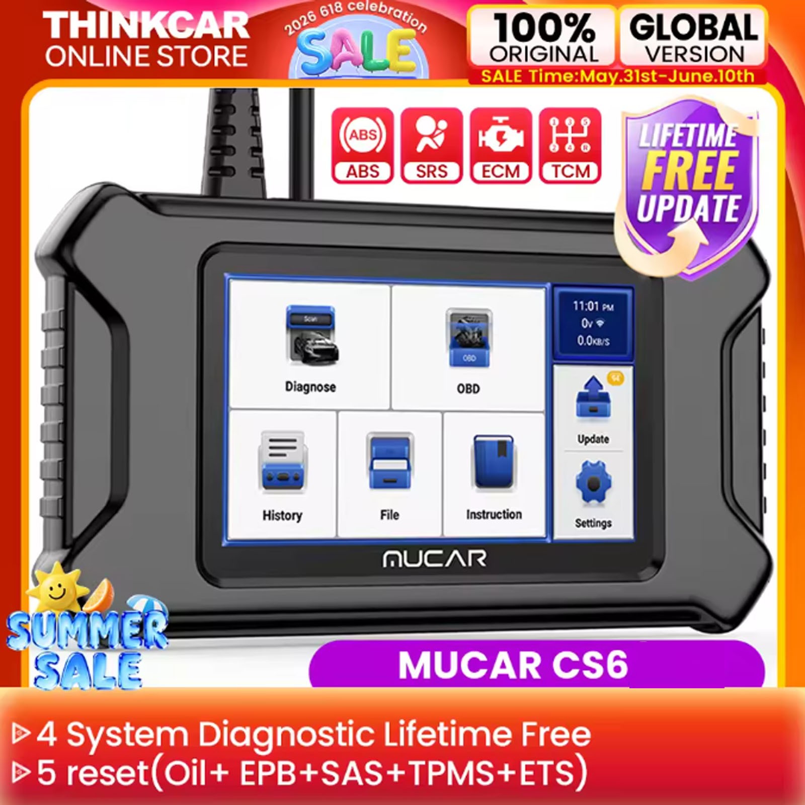 MUCAR CS6 OBD2 Scanner Engine ABS SRS TCM Code Reader Car Diagnostic Tool Oil