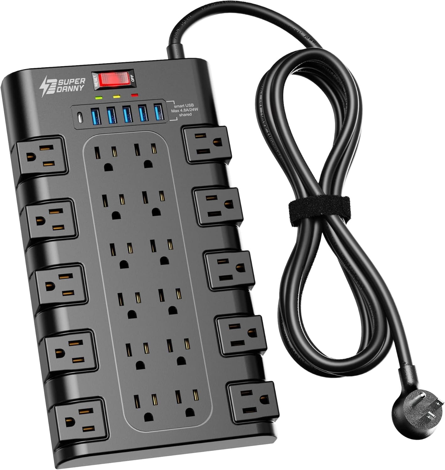 SUPERDANNY Power Strip 22 Outlets 6 USB Surge Protector 2100J Flat Plug
