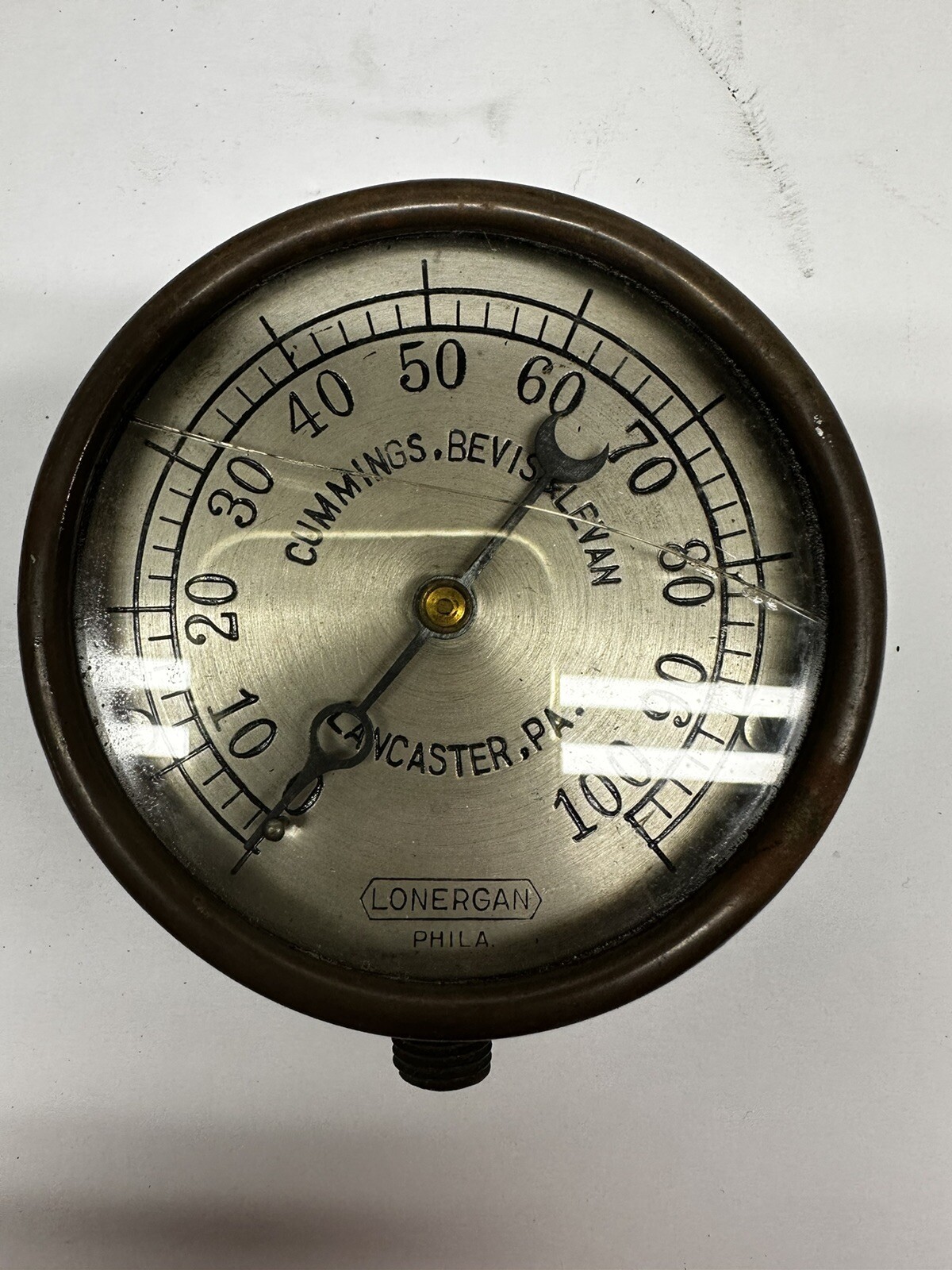 Antique LONERGAN Steam Pressure Gauge Cummings Bevis Levan Lancaster