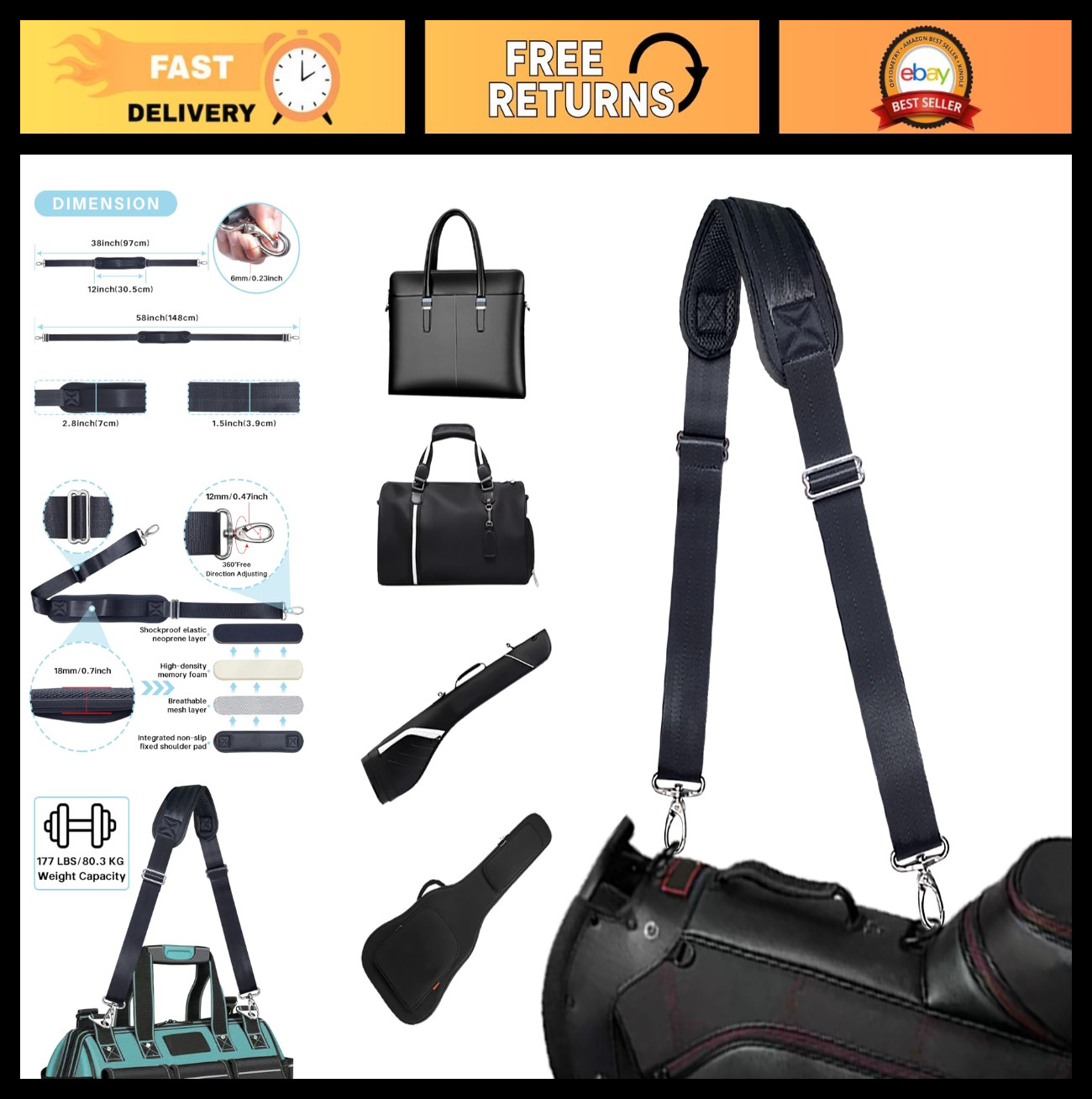 Universal Adjustable Padded Shoulder Strap for Bags - Heavy Duty Replacement 58"