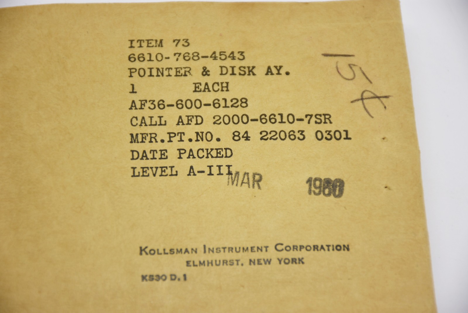 1940s Kollsman Sensitive Altimeter Aircraft Instrument Pointer & Disk Assembly