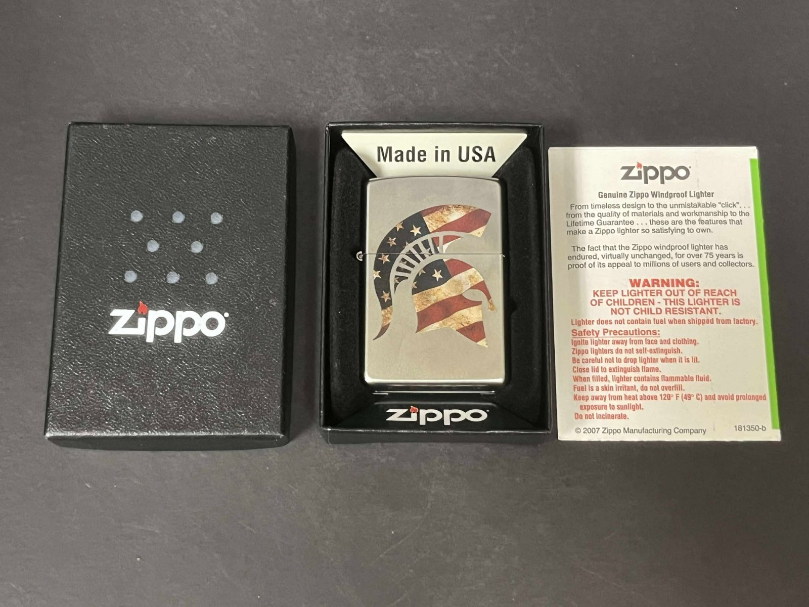 ZIPPO LIGHTER TROJAN HELMET AMERICAN FLAG WRONG BOX