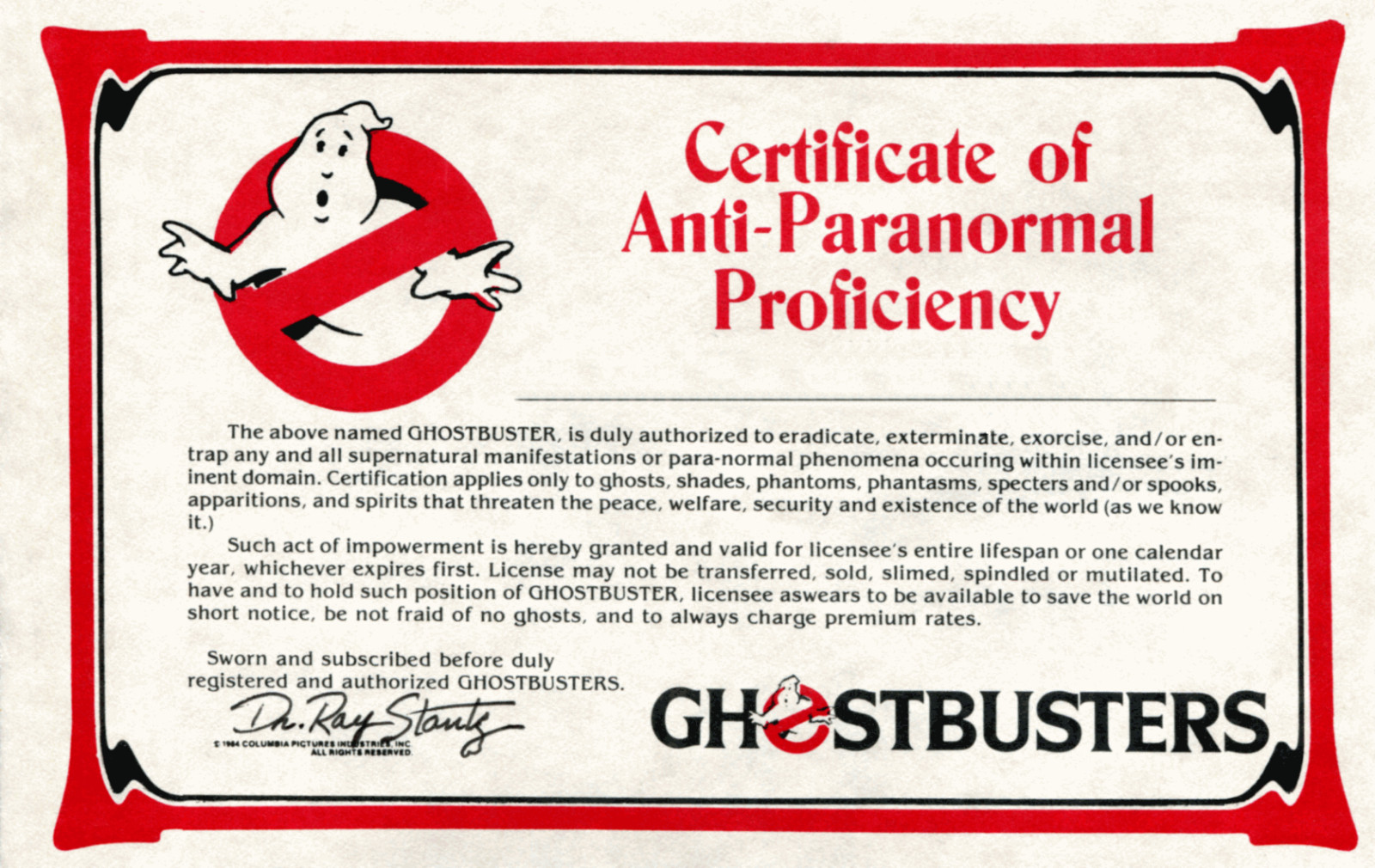 1984 Ghostbusters Certificate Of Anti-Paranormal Proficiency Ray Stantz Egon