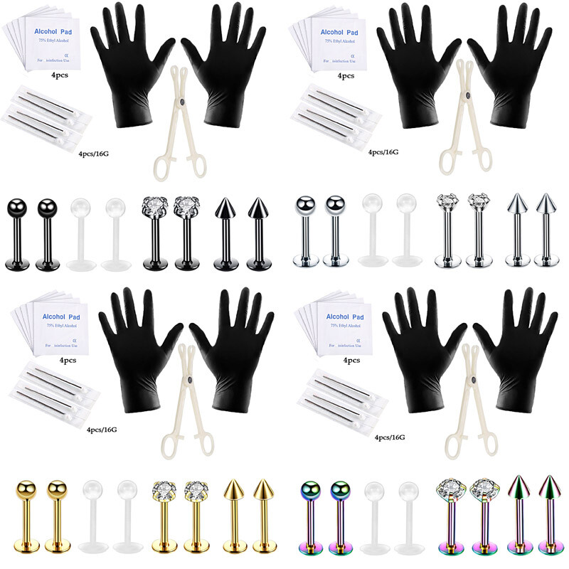 19PCS Professional Body Piercing Tool Kit Ear Labret Lip Studs Needles Set 16G