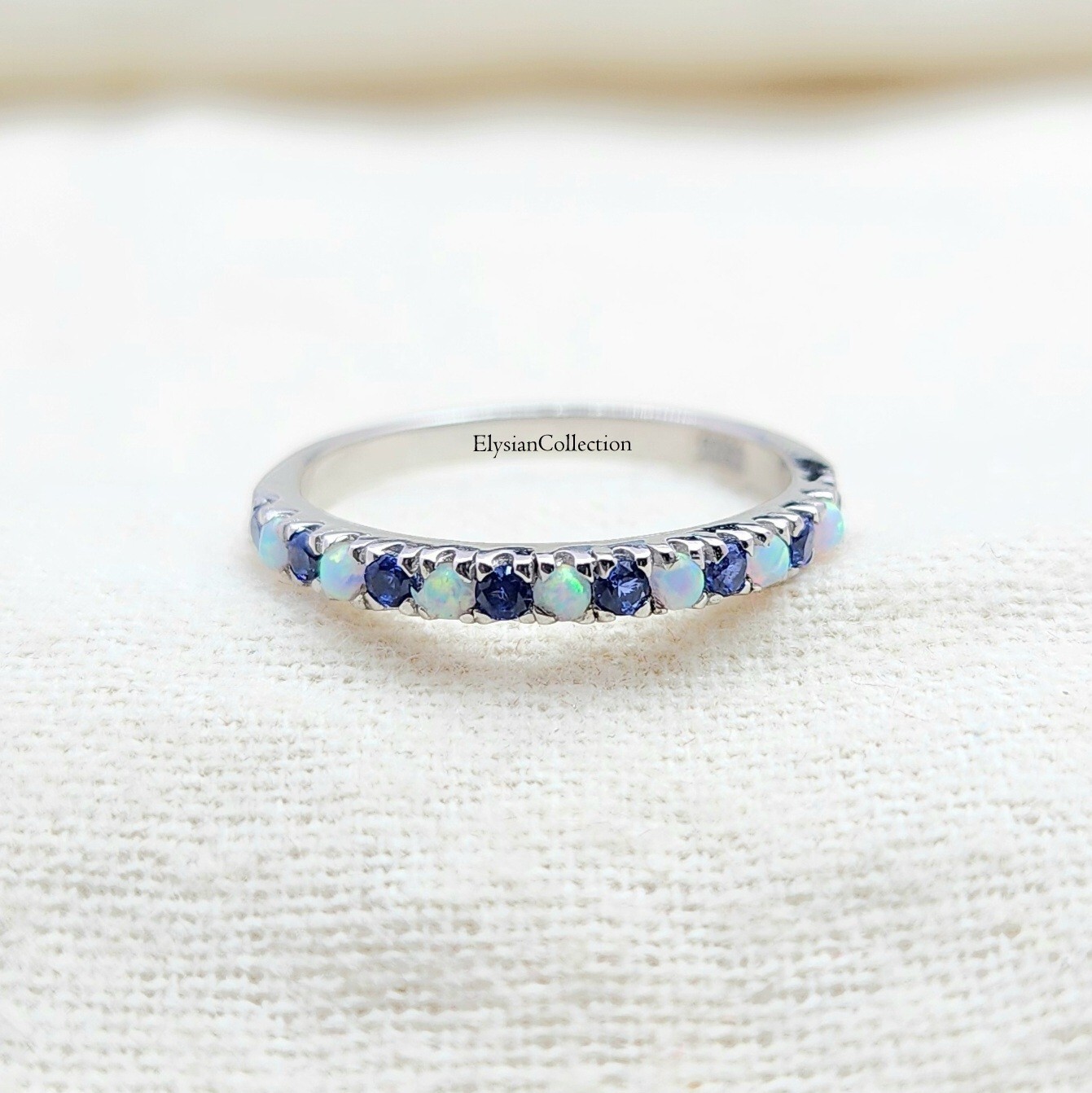 Opal and Blue Sapphire Wedding Ring Half Eternity Ring 925 Sterling Silver Band