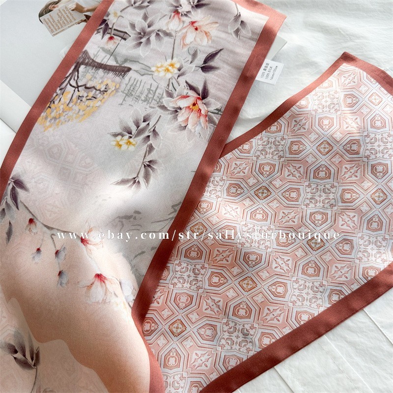 Sallys Pure Silk Florals Print Oblong Ribbon 2 Layer Head Neck Scarf 150*16cm