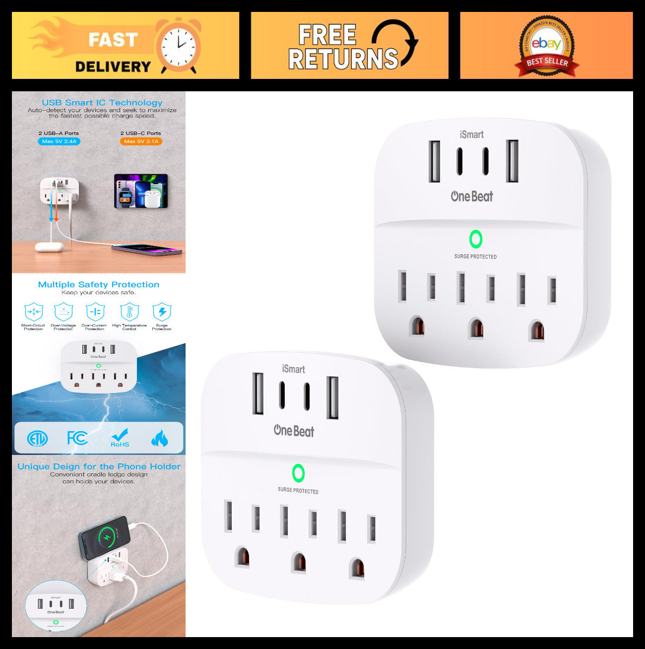 Multi Plug Outlet Splitter with USB, Surge Protector 2 Pack, 3 Outlets & 4 USB P