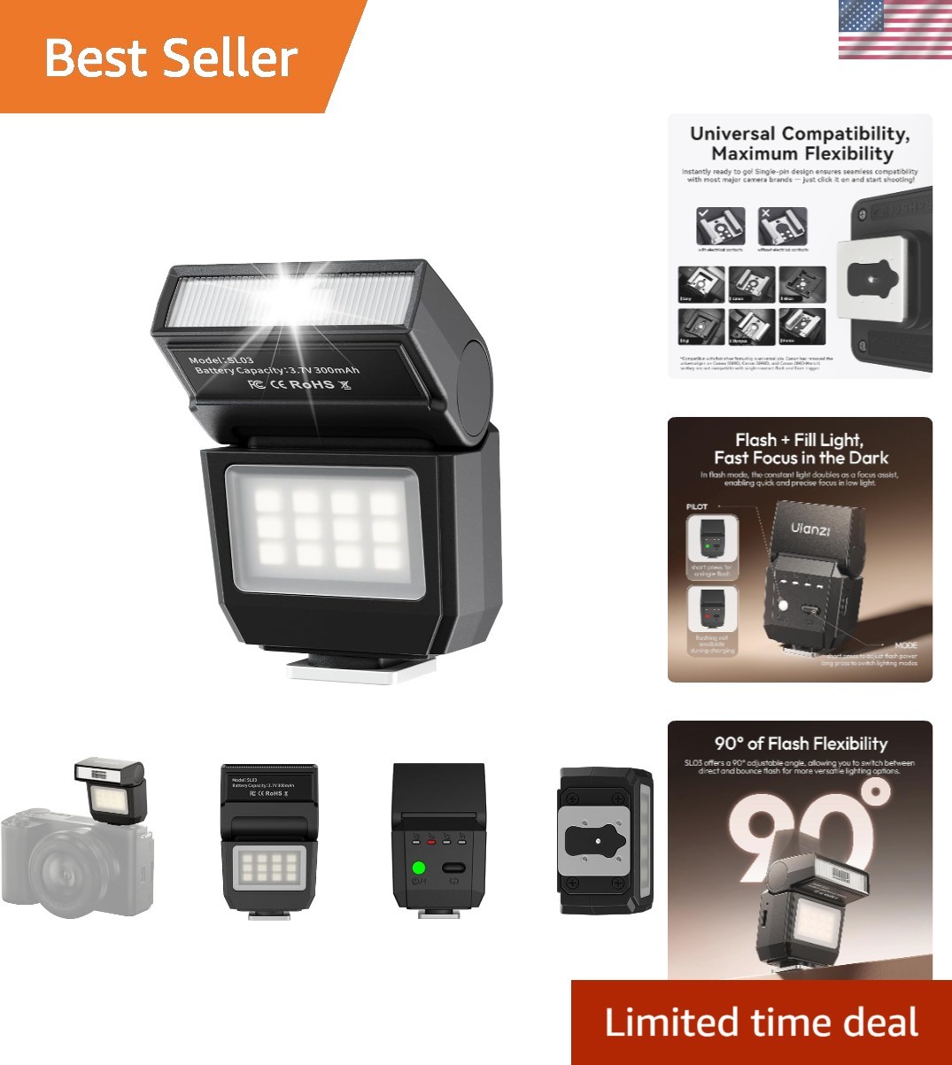 Versatile SL03 Camera Speedlite: GN8 Flash, 90° Adjustable, DSLR Compatible