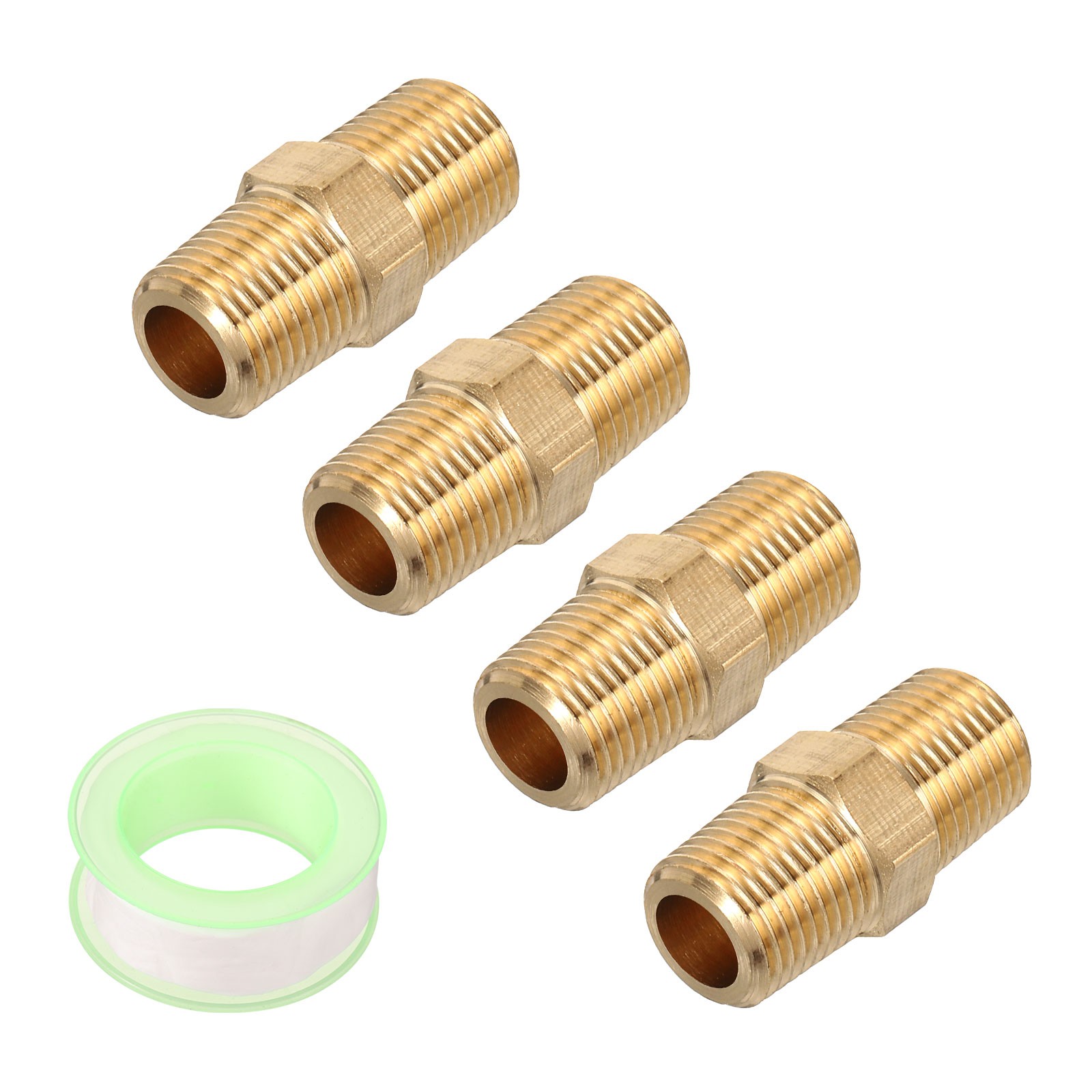 4pcs Hex Nipple Brass Pipe Fitting 1/8 NPT x 1/8 NPT with PTFE Tape, Gold Tone