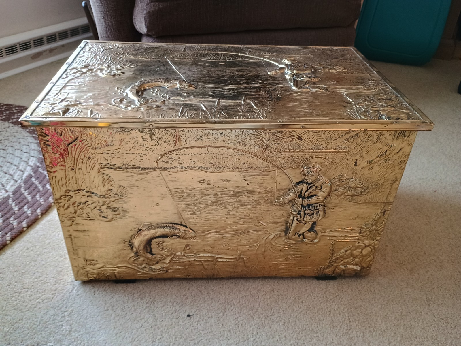 Vintage Embossed Brass Box with Fishing Scene Made In England Hinged Lid Chest