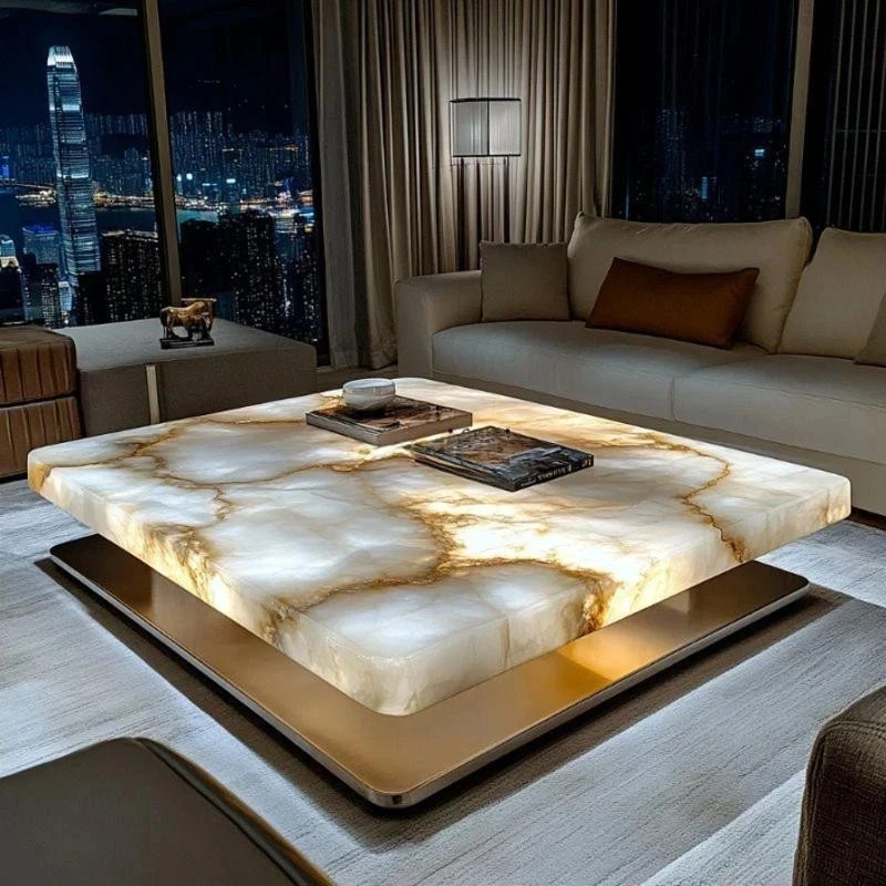 Handmade White Agate Coffee Table | Modern Square Center Table | Luxury Gemstone