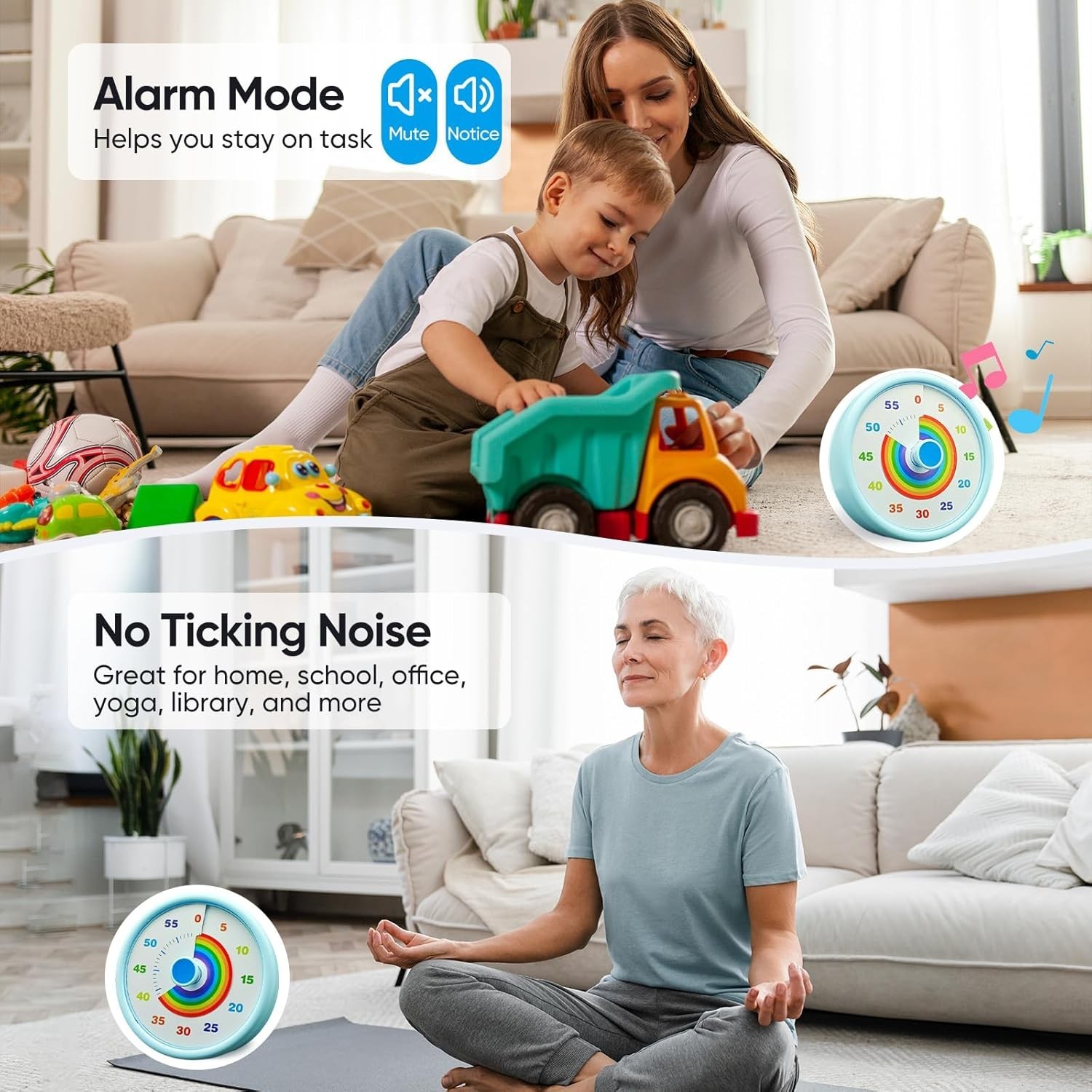 Rainbow Visual Timer for Kids, 60 Minute Silent Countdown Clock with Color Disk