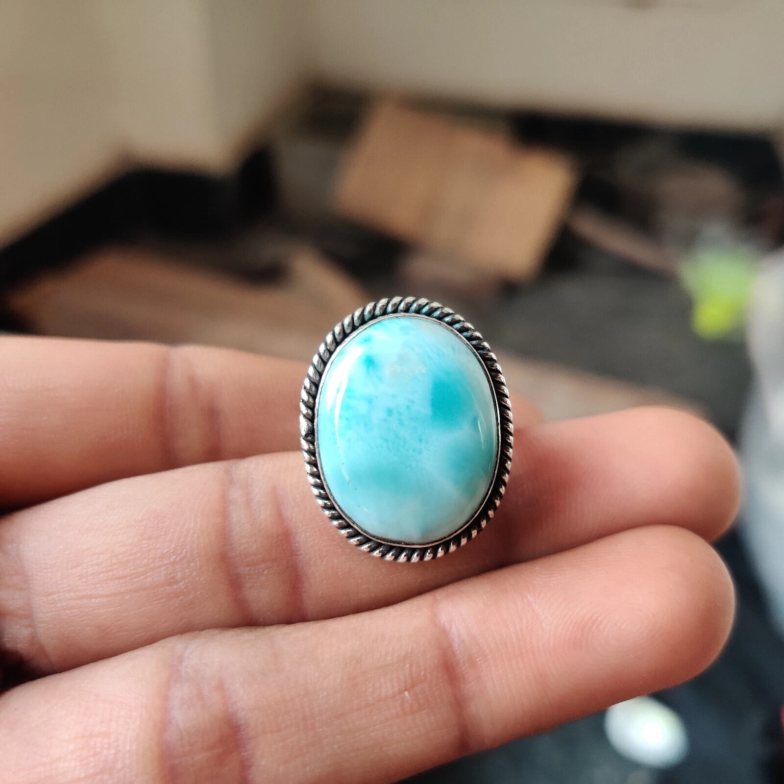 Larimar Gemstone Ring 925 Sterling Silver Pretty Ring Designer Ring All Size MK*