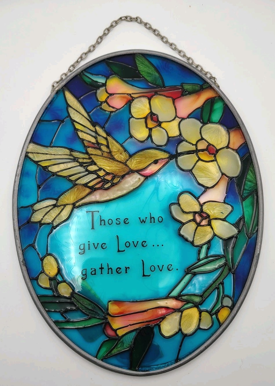 VTG 1999 Stained Glass Joan Baker Hummingbird Oval Suncatcher With Floral Design